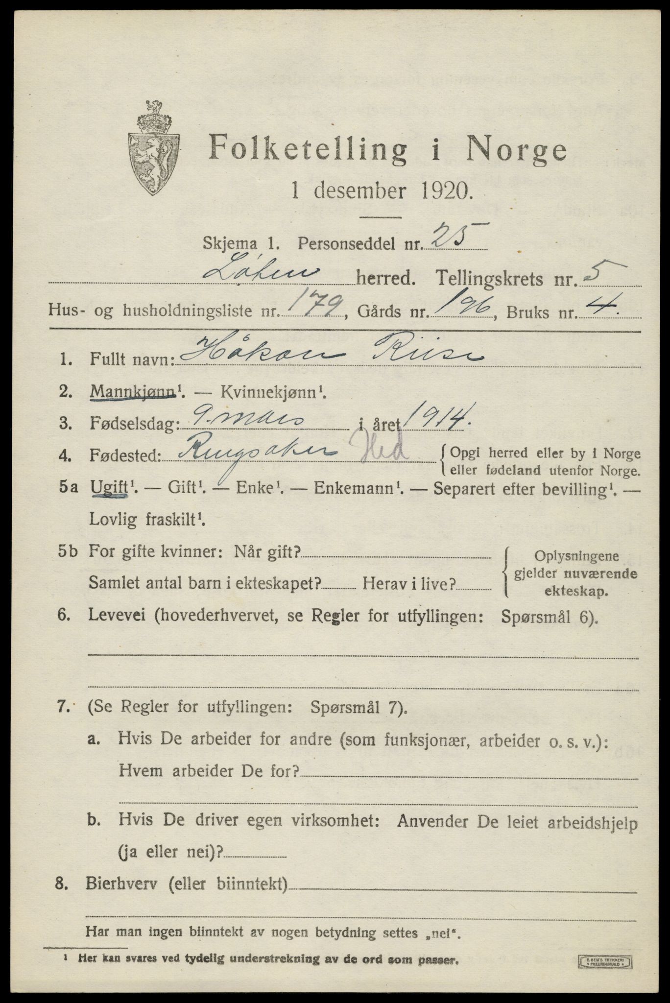 SAH, 1920 census for Løten, 1920, p. 11851