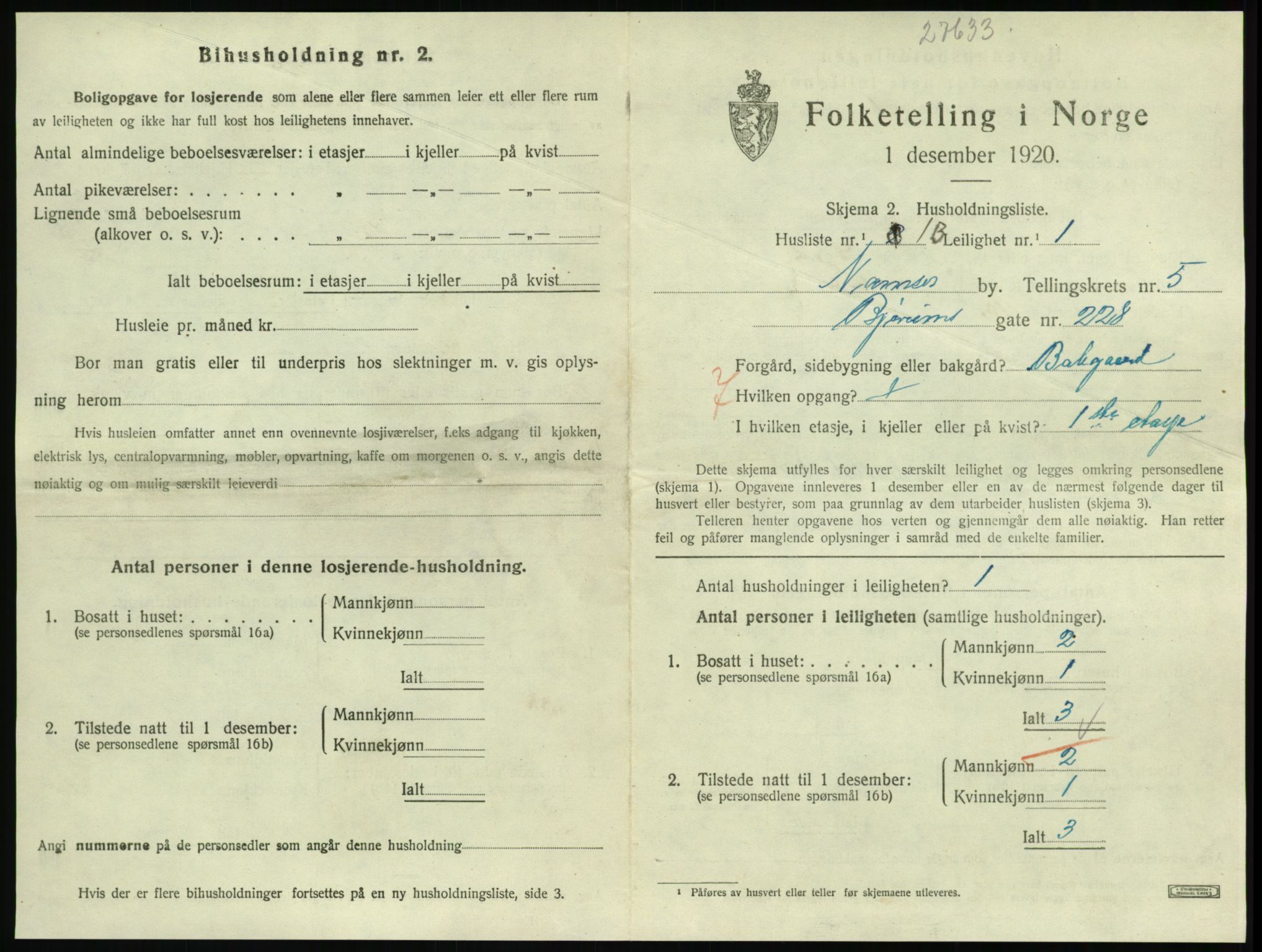 SAT, 1920 census for Namsos, 1920, p. 1601