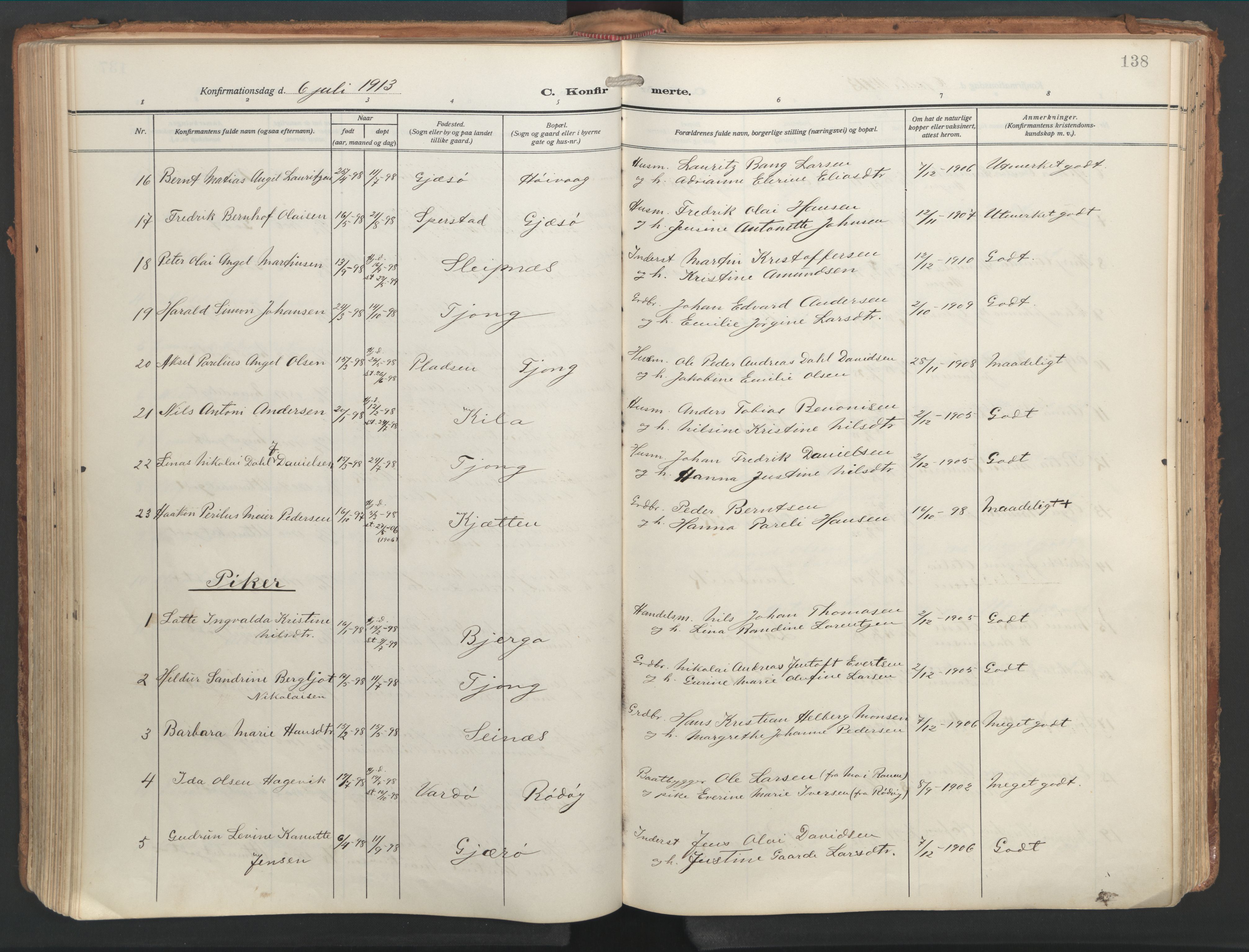 Ministerialprotokoller, klokkerbøker og fødselsregistre - Nordland, AV/SAT-A-1459/841/L0614: Parish register (official) no. 841A17, 1911-1925, p. 138