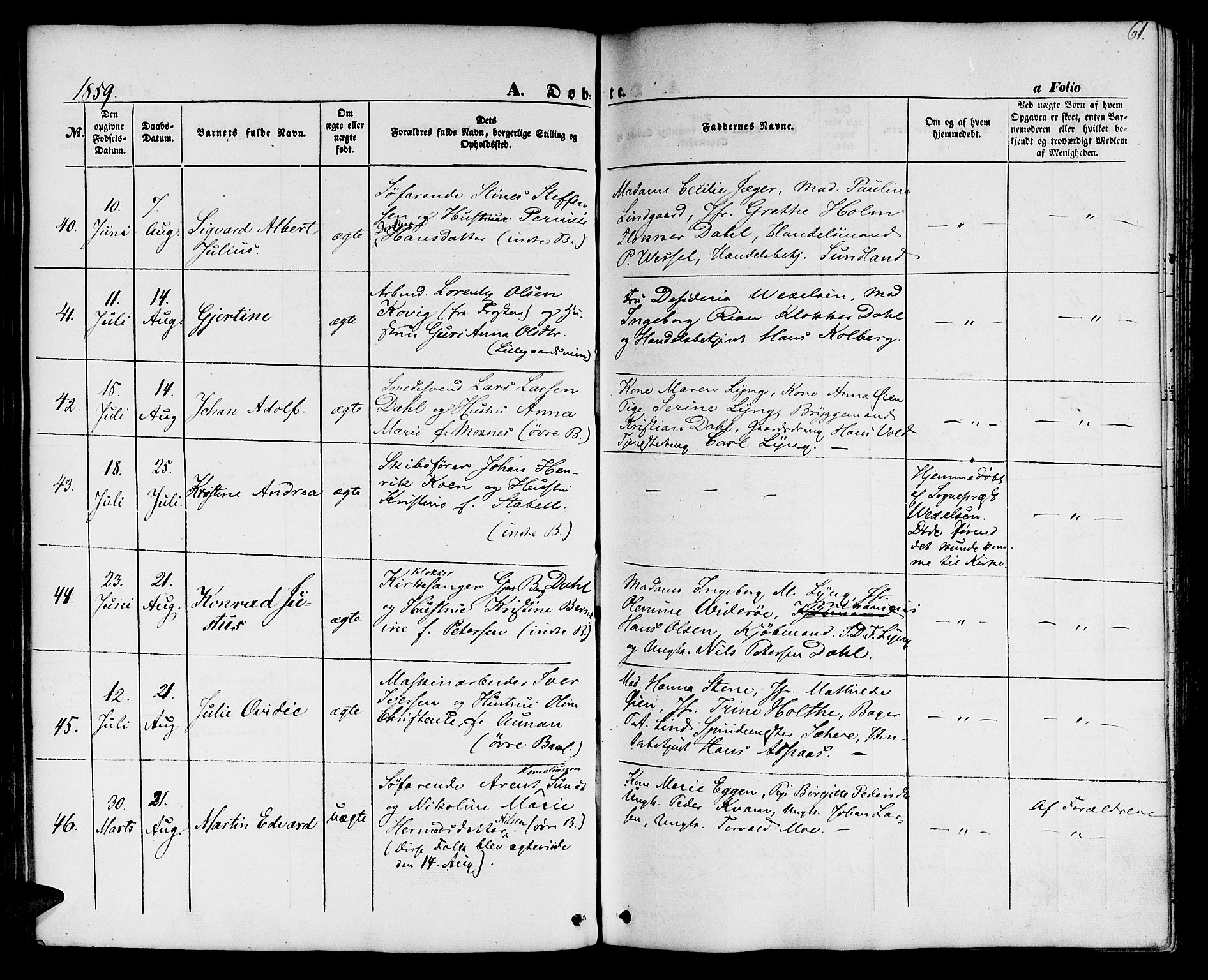 Ministerialprotokoller, klokkerbøker og fødselsregistre - Sør-Trøndelag, AV/SAT-A-1456/604/L0184: Parish register (official) no. 604A05, 1851-1860, p. 61
