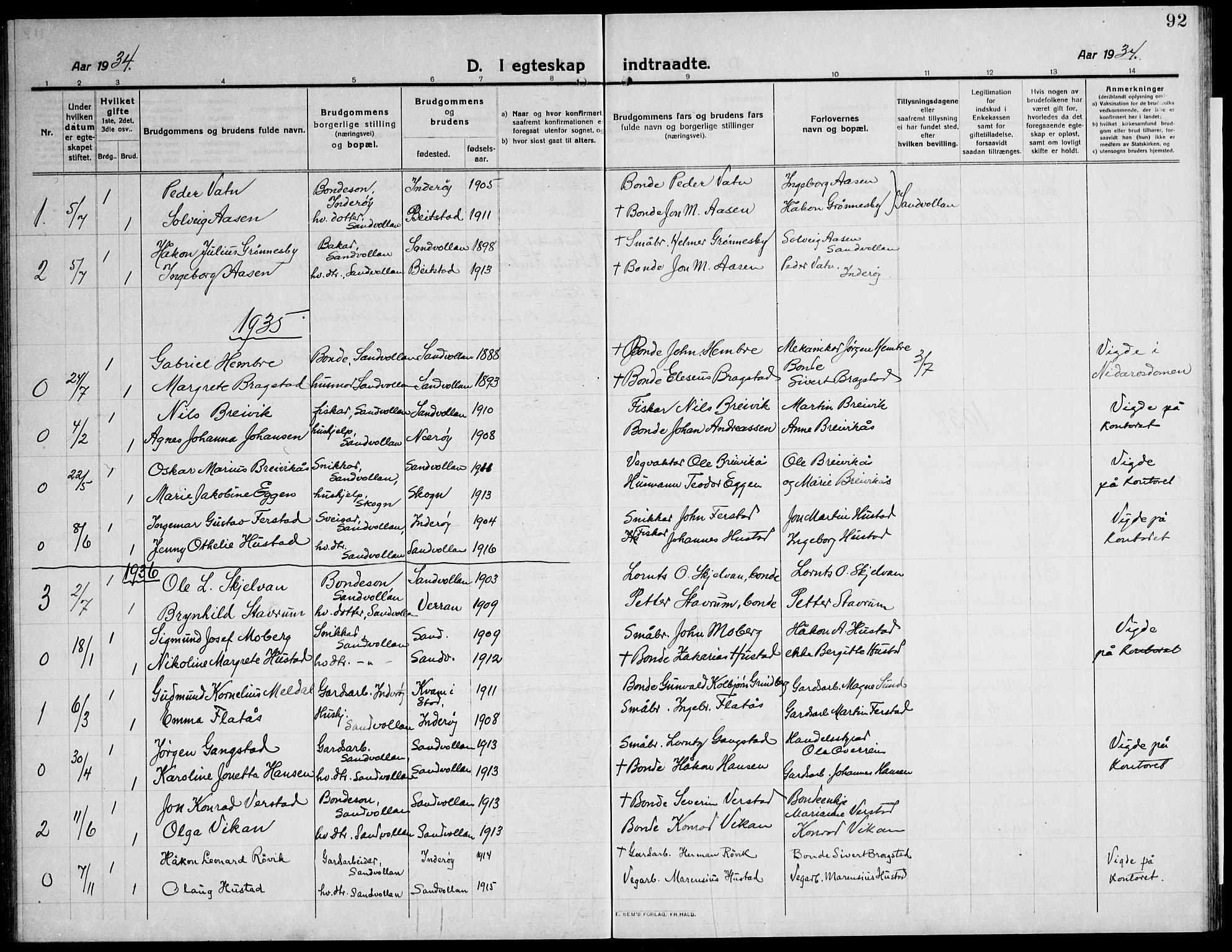 Ministerialprotokoller, klokkerbøker og fødselsregistre - Nord-Trøndelag, SAT/A-1458/732/L0319: Parish register (copy) no. 732C03, 1911-1945, p. 92