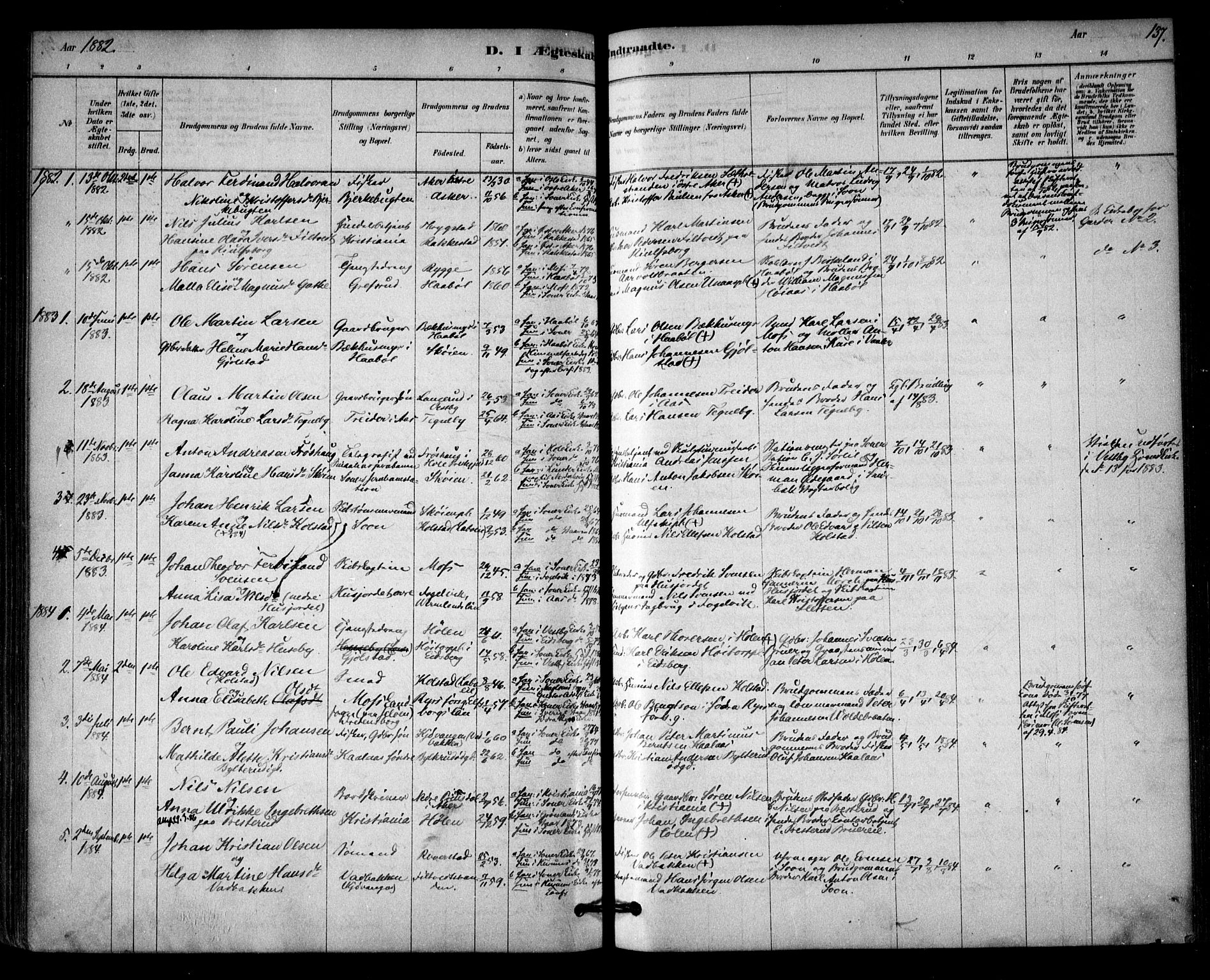 Vestby prestekontor Kirkebøker, AV/SAO-A-10893/F/Fb/L0001: Parish register (official) no. II 1, 1878-1903, p. 137