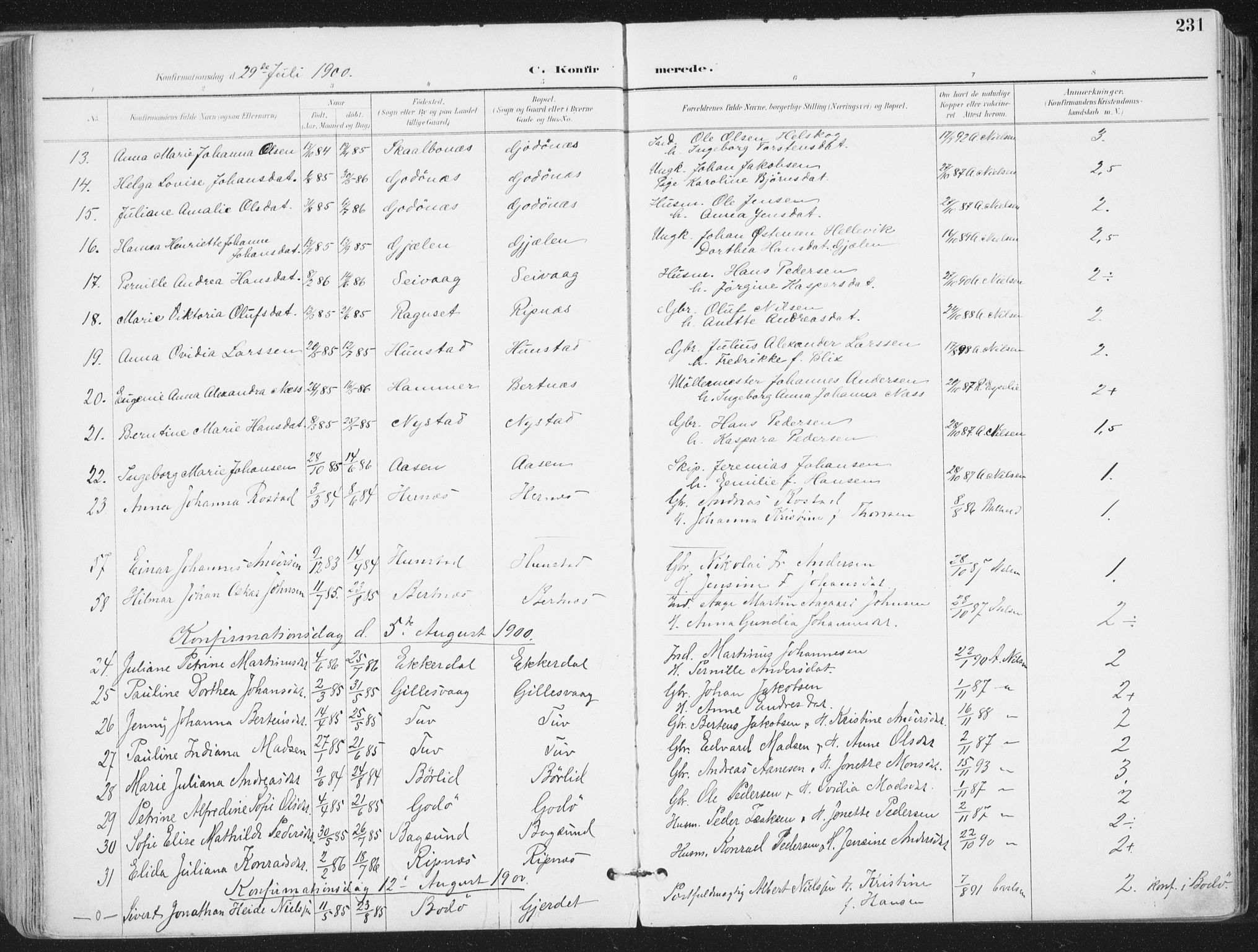 Ministerialprotokoller, klokkerbøker og fødselsregistre - Nordland, AV/SAT-A-1459/802/L0055: Parish register (official) no. 802A02, 1894-1915, p. 231