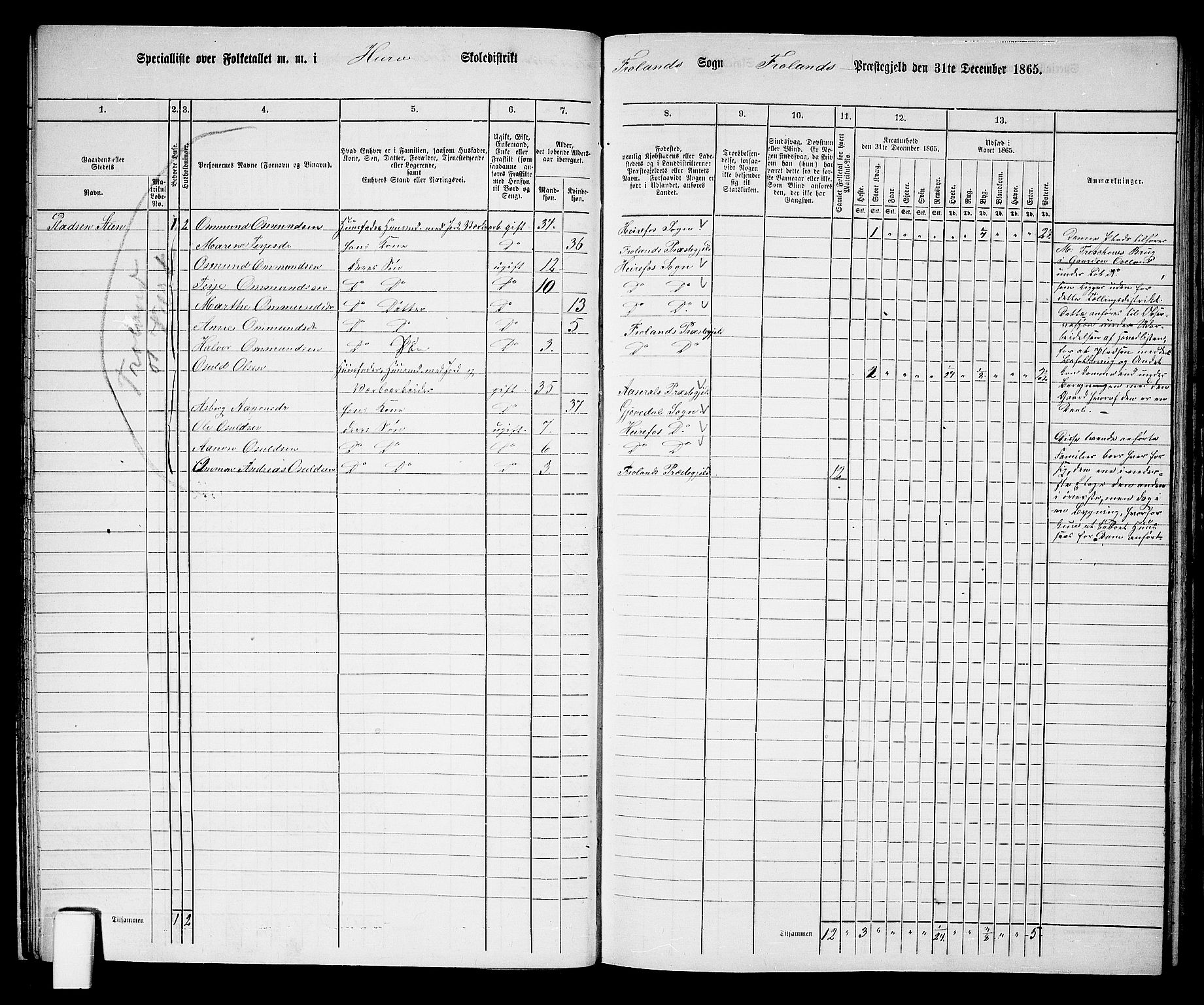 RA, 1865 census for Froland, 1865, p. 28