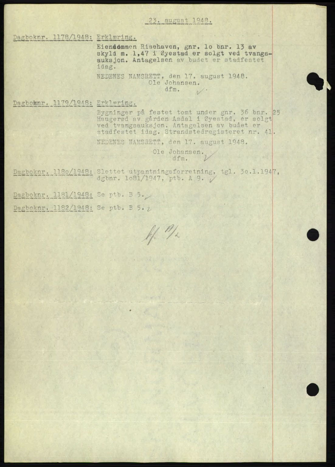 Nedenes sorenskriveri, SAK/1221-0006/G/Gb/Gba/L0059: Mortgage book no. A11, 1948-1948, Diary no: : 1178/1948