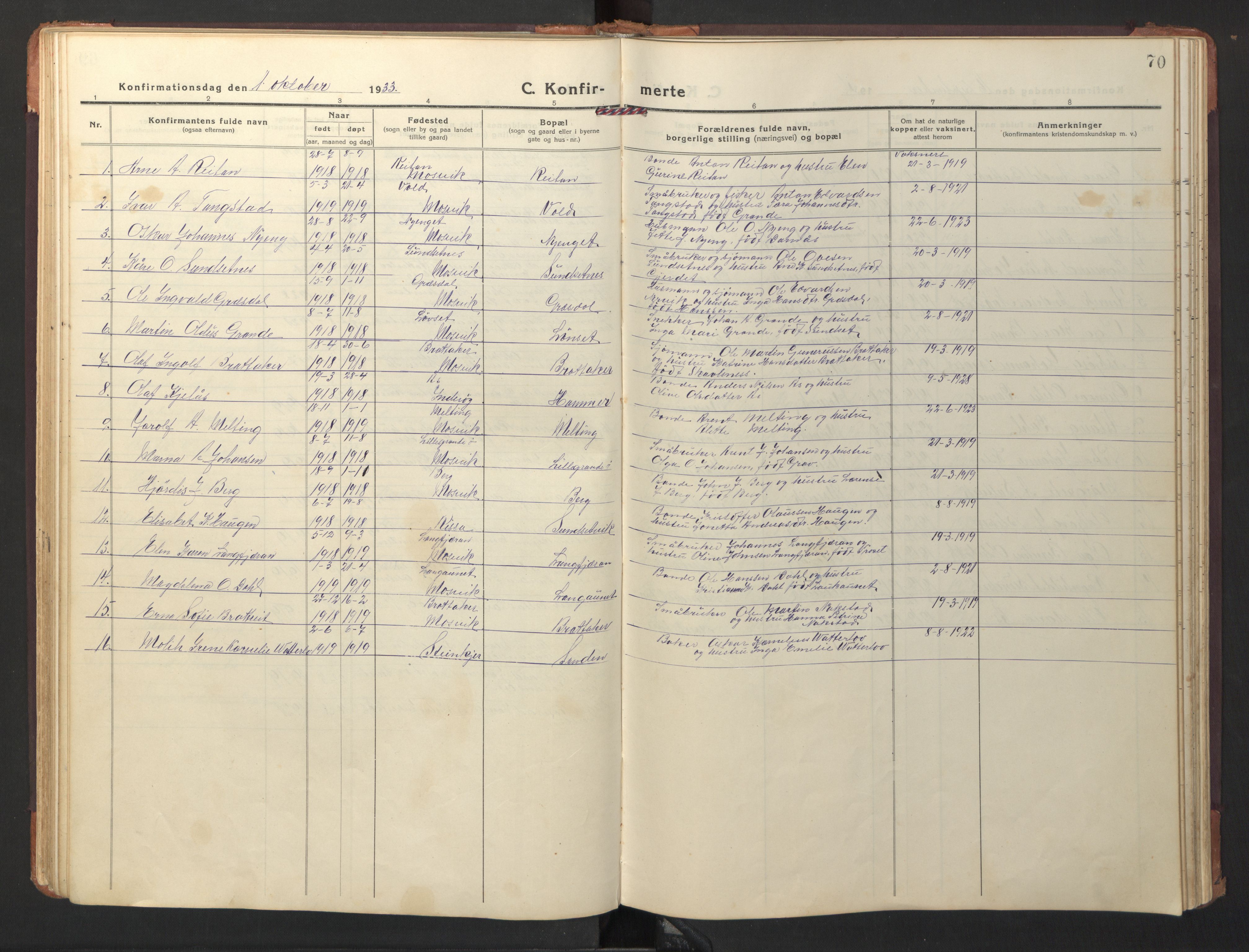 Ministerialprotokoller, klokkerbøker og fødselsregistre - Nord-Trøndelag, AV/SAT-A-1458/733/L0328: Parish register (copy) no. 733C03, 1919-1966, p. 70