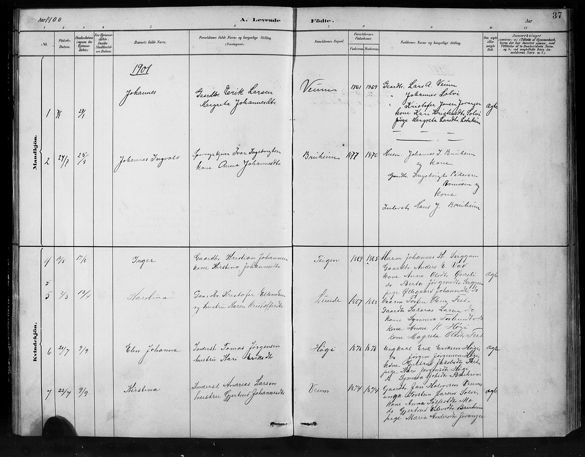 Jostedal sokneprestembete, AV/SAB-A-80601/H/Hab/Habb/L0001: Parish register (copy) no. B 1, 1882-1921, p. 37