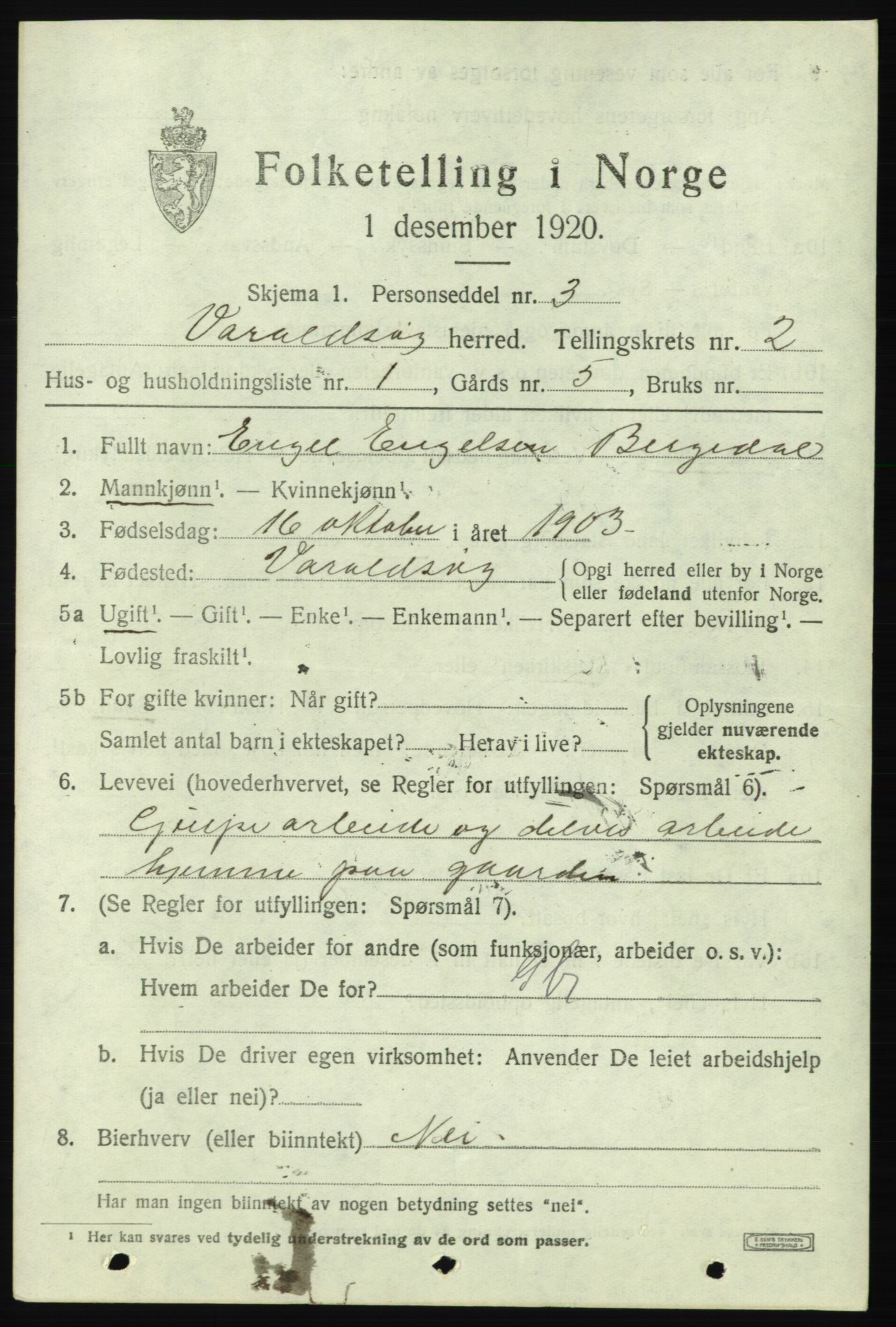 SAB, 1920 census for Varaldsøy, 1920, p. 741