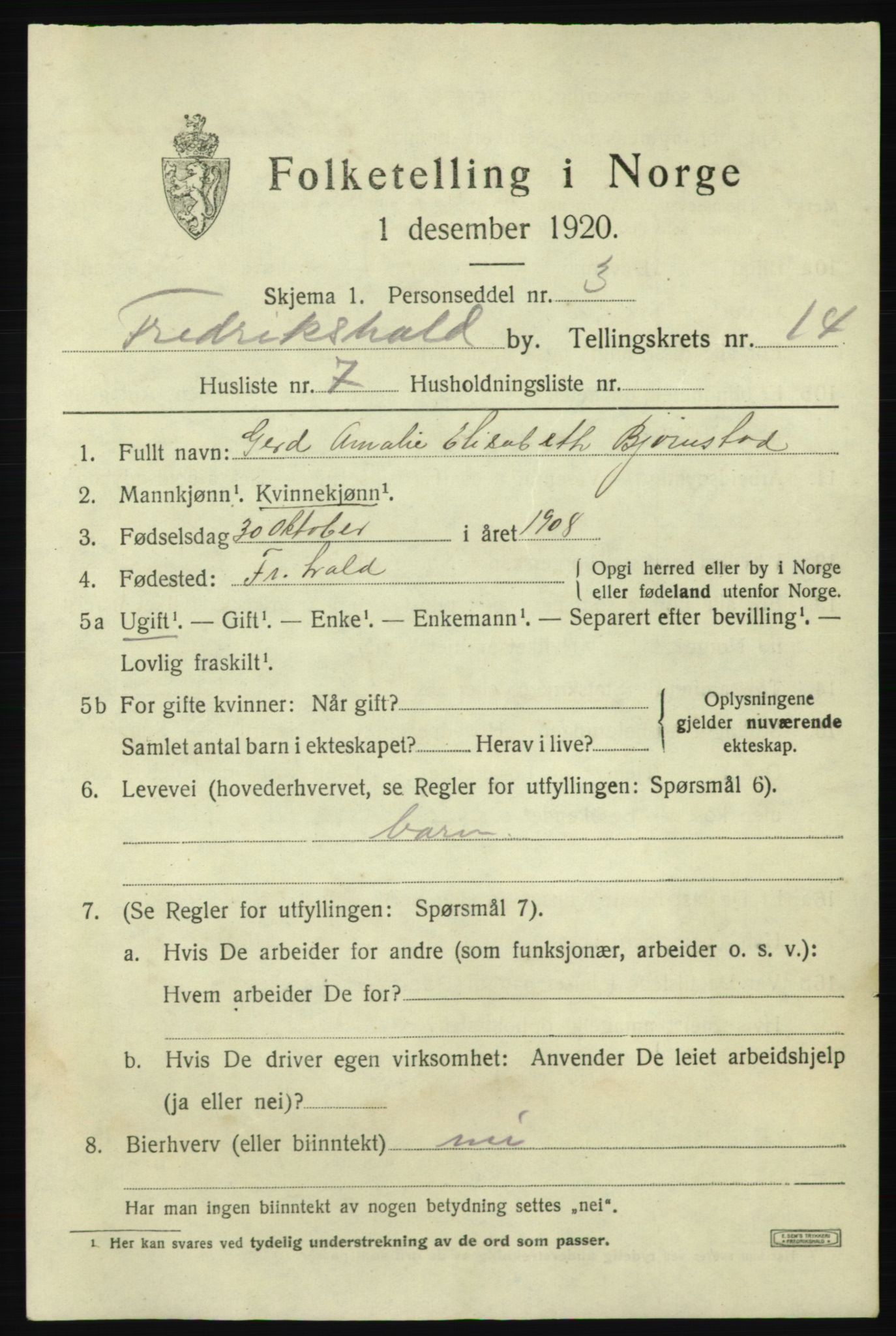 SAO, 1920 census for Fredrikshald, 1920, p. 22391