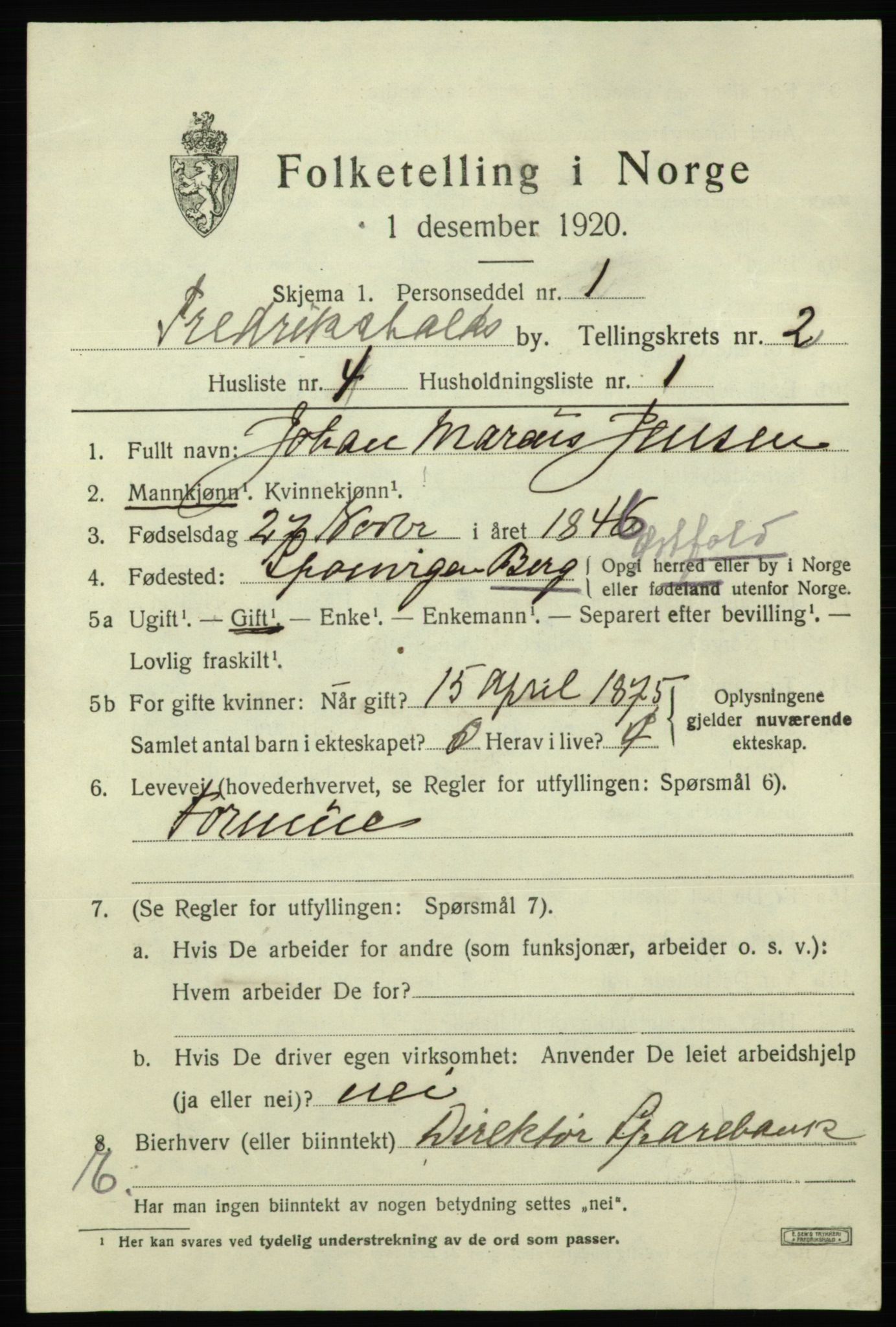 SAO, 1920 census for Fredrikshald, 1920, p. 9298