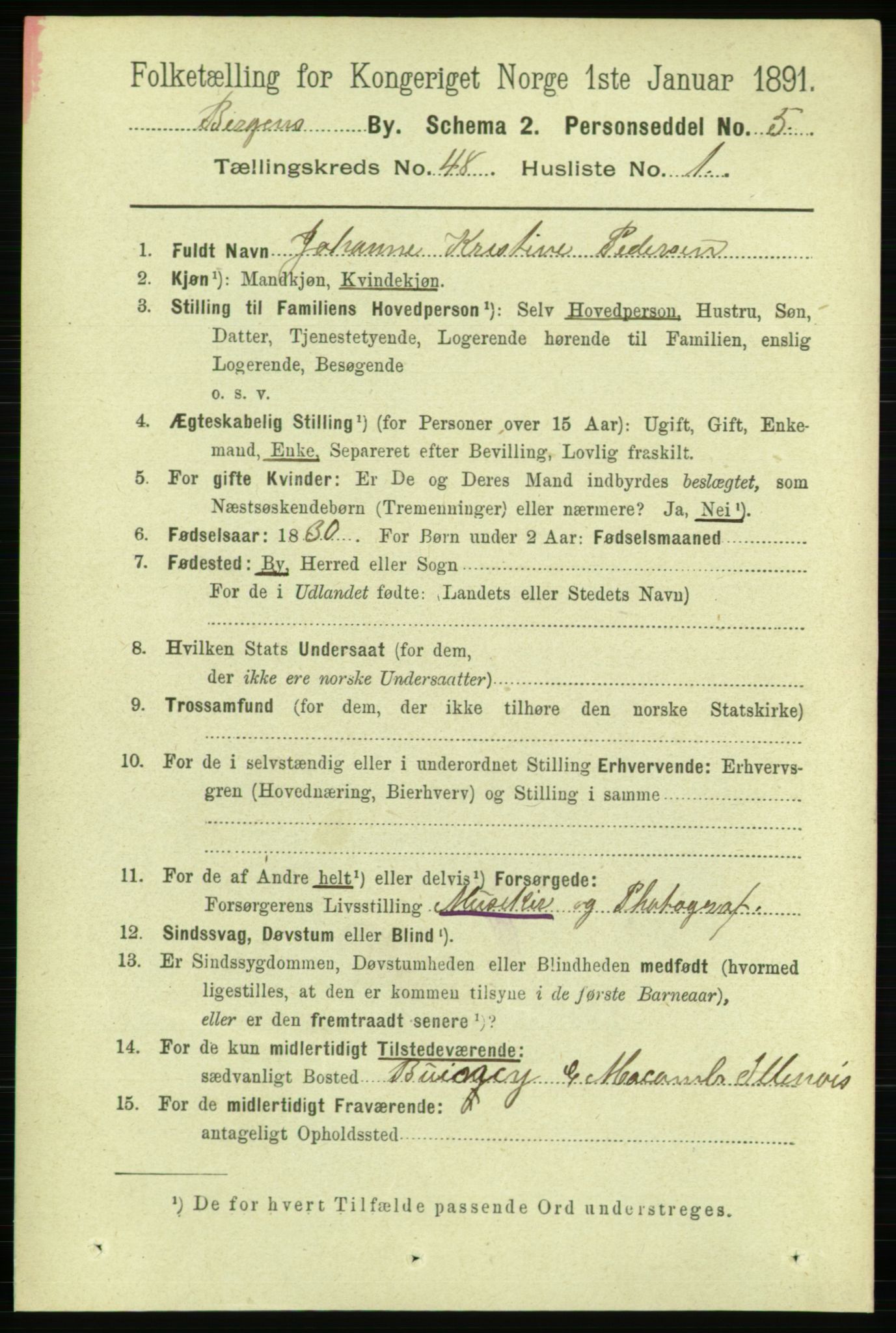 RA, 1891 Census for 1301 Bergen, 1891, p. 56907