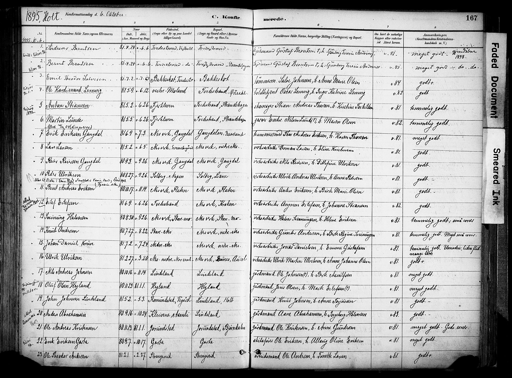 Holt sokneprestkontor, AV/SAK-1111-0021/F/Fa/L0012: Parish register (official) no. A 12, 1885-1907, p. 167