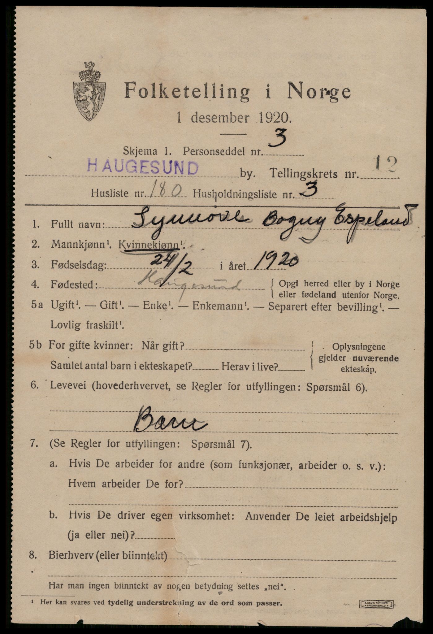 SAST, 1920 census for Haugesund, 1920, p. 41461