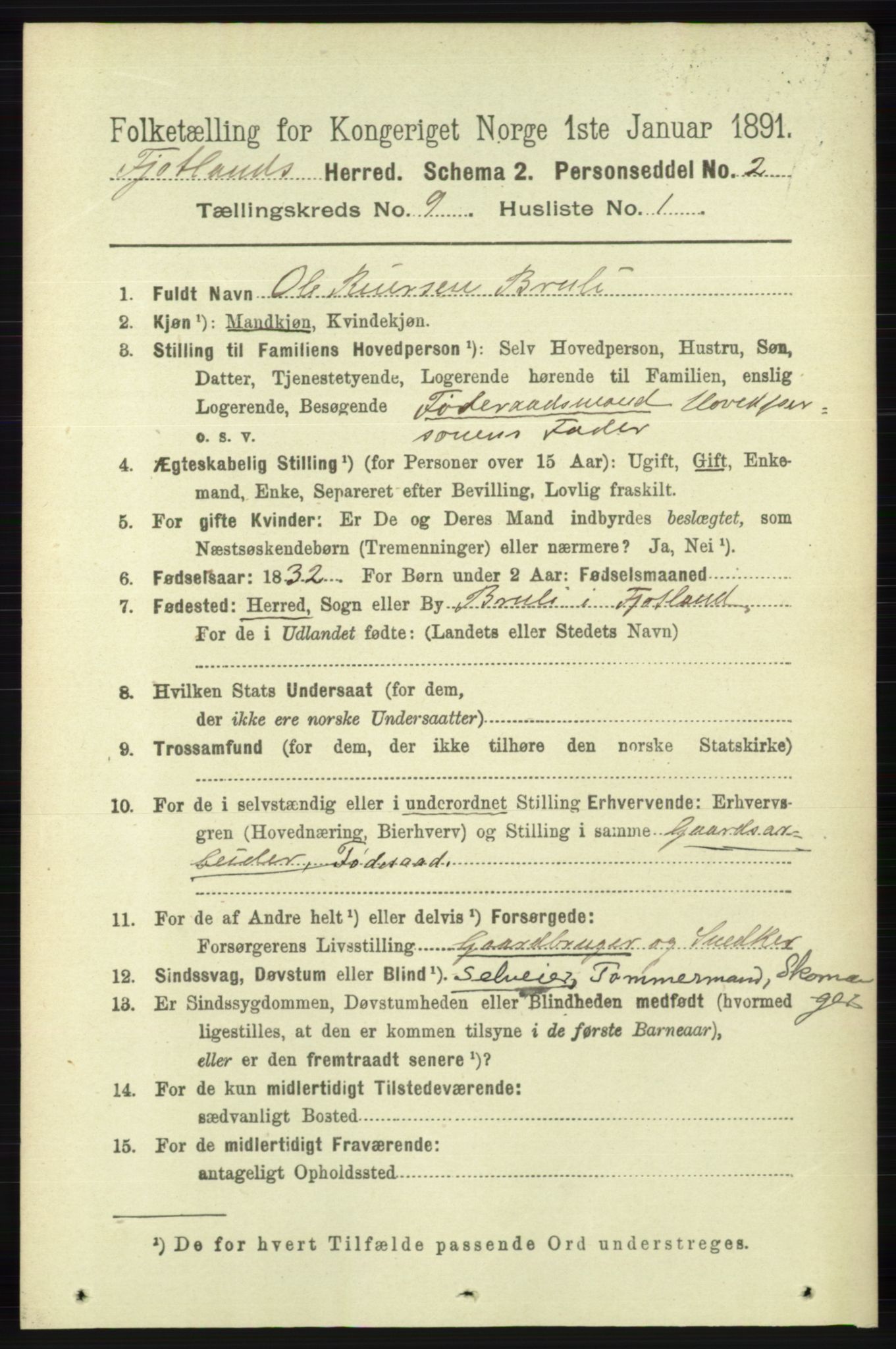 RA, 1891 census for 1036 Fjotland, 1891, p. 1303