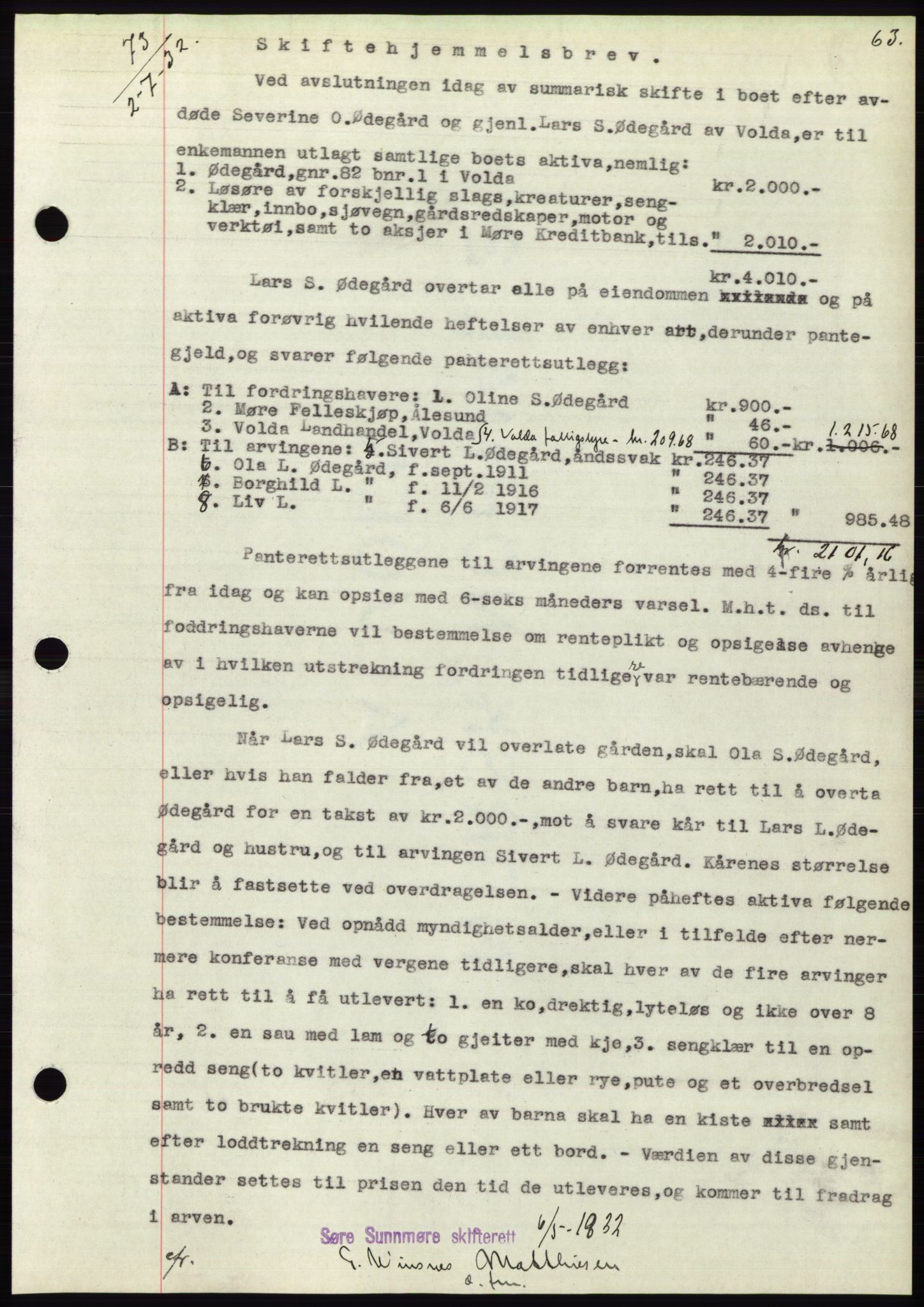 Søre Sunnmøre sorenskriveri, AV/SAT-A-4122/1/2/2C/L0054: Mortgage book no. 48, 1932-1933, Deed date: 02.07.1932