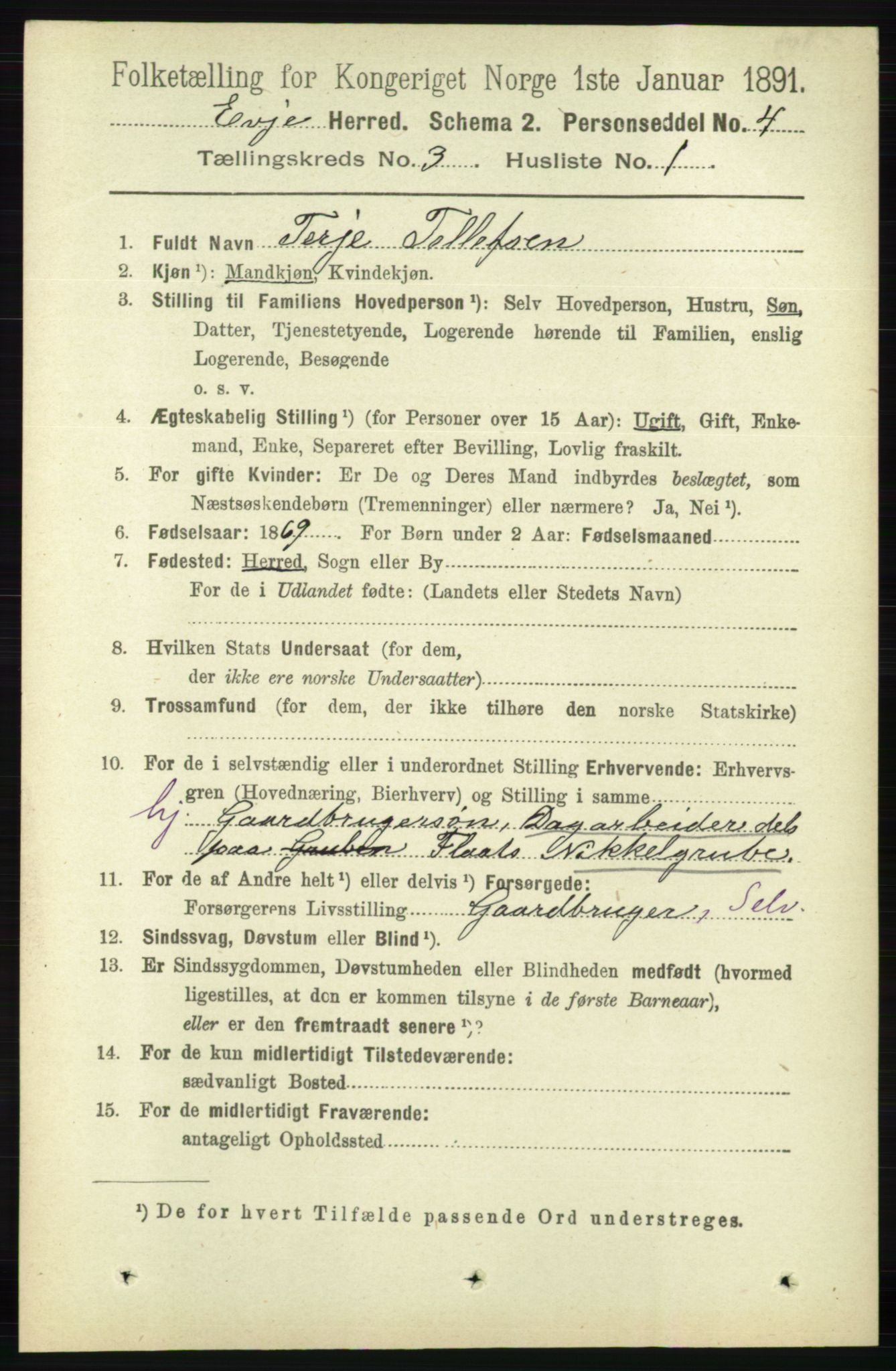 RA, 1891 census for 0937 Evje, 1891, p. 659