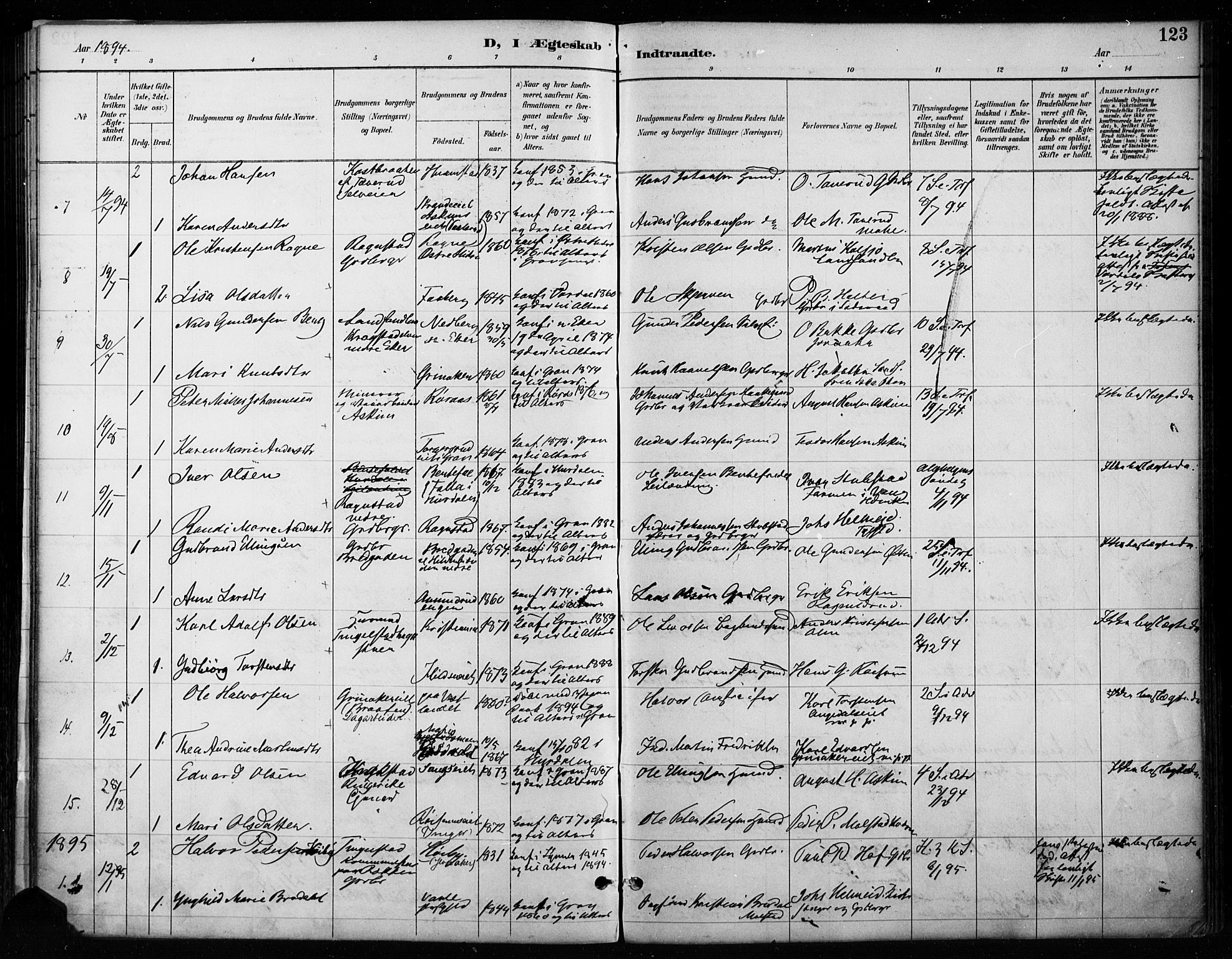 Gran prestekontor, SAH/PREST-112/H/Ha/Haa/L0018: Parish register (official) no. 18, 1889-1899, p. 123