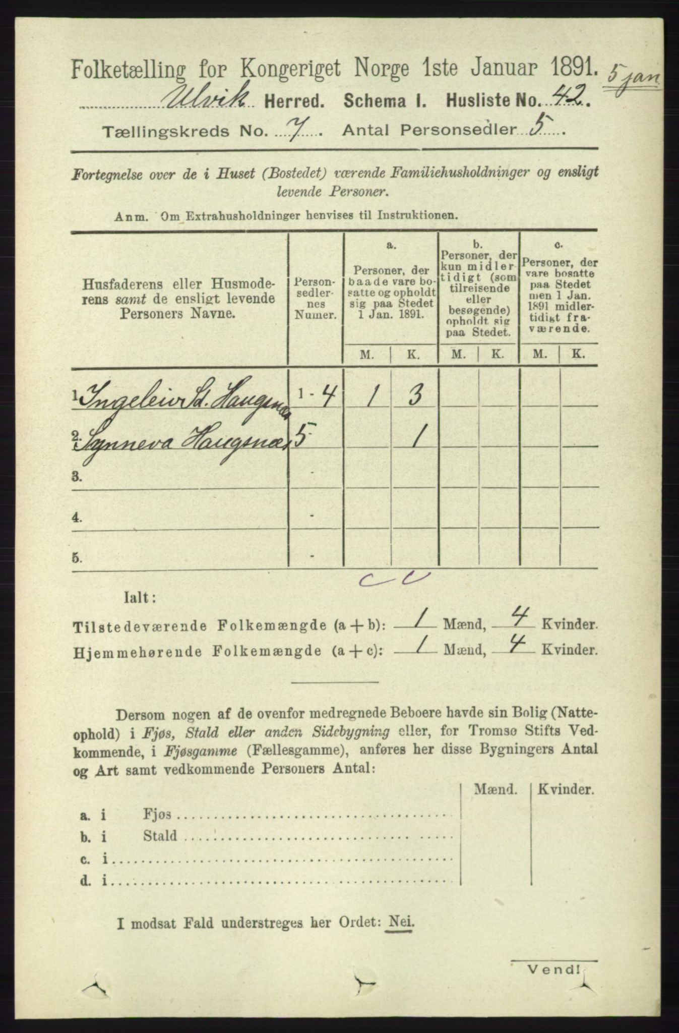 RA, 1891 census for 1233 Ulvik, 1891, p. 2266