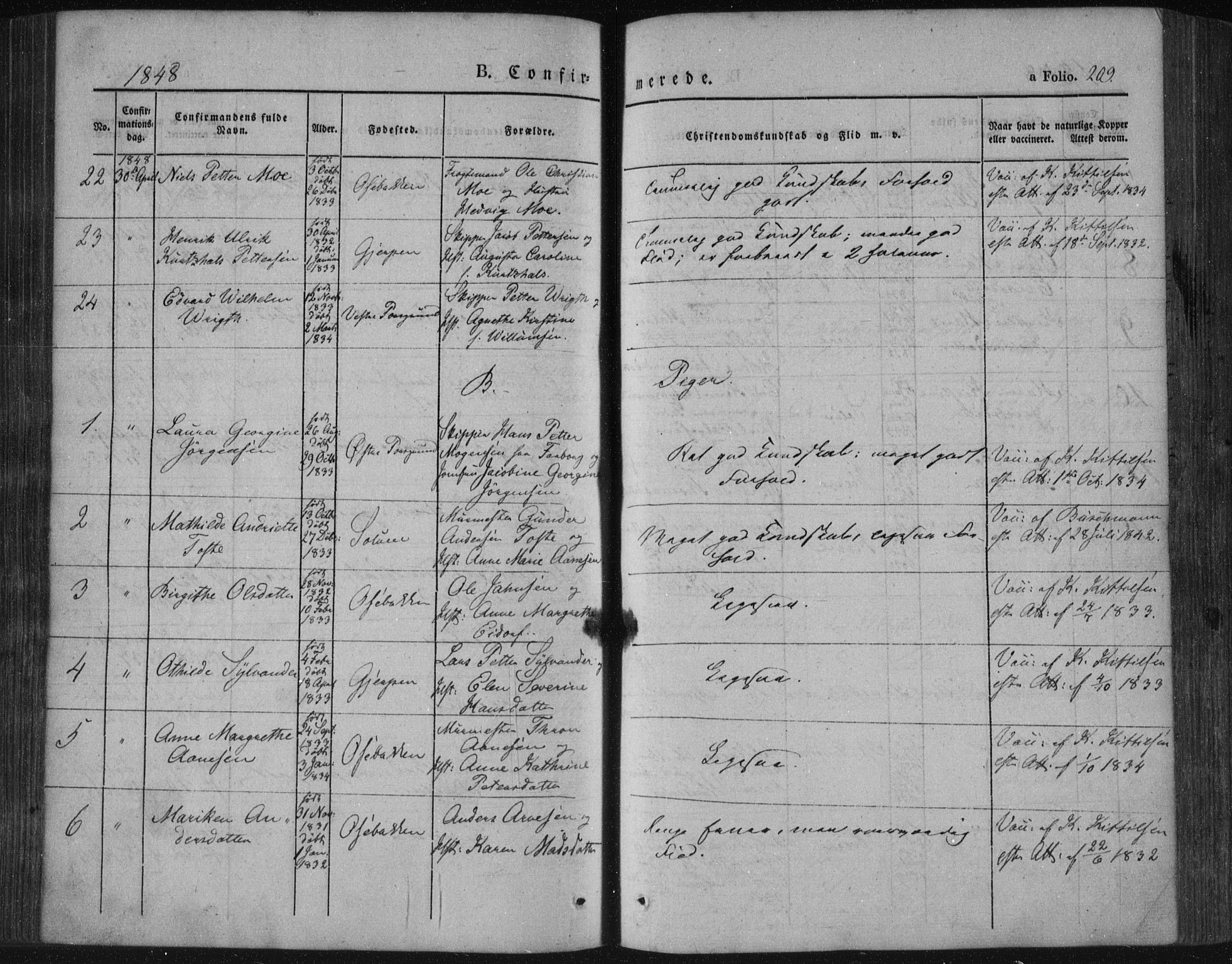 Porsgrunn kirkebøker , AV/SAKO-A-104/F/Fa/L0006: Parish register (official) no. 6, 1841-1857, p. 209