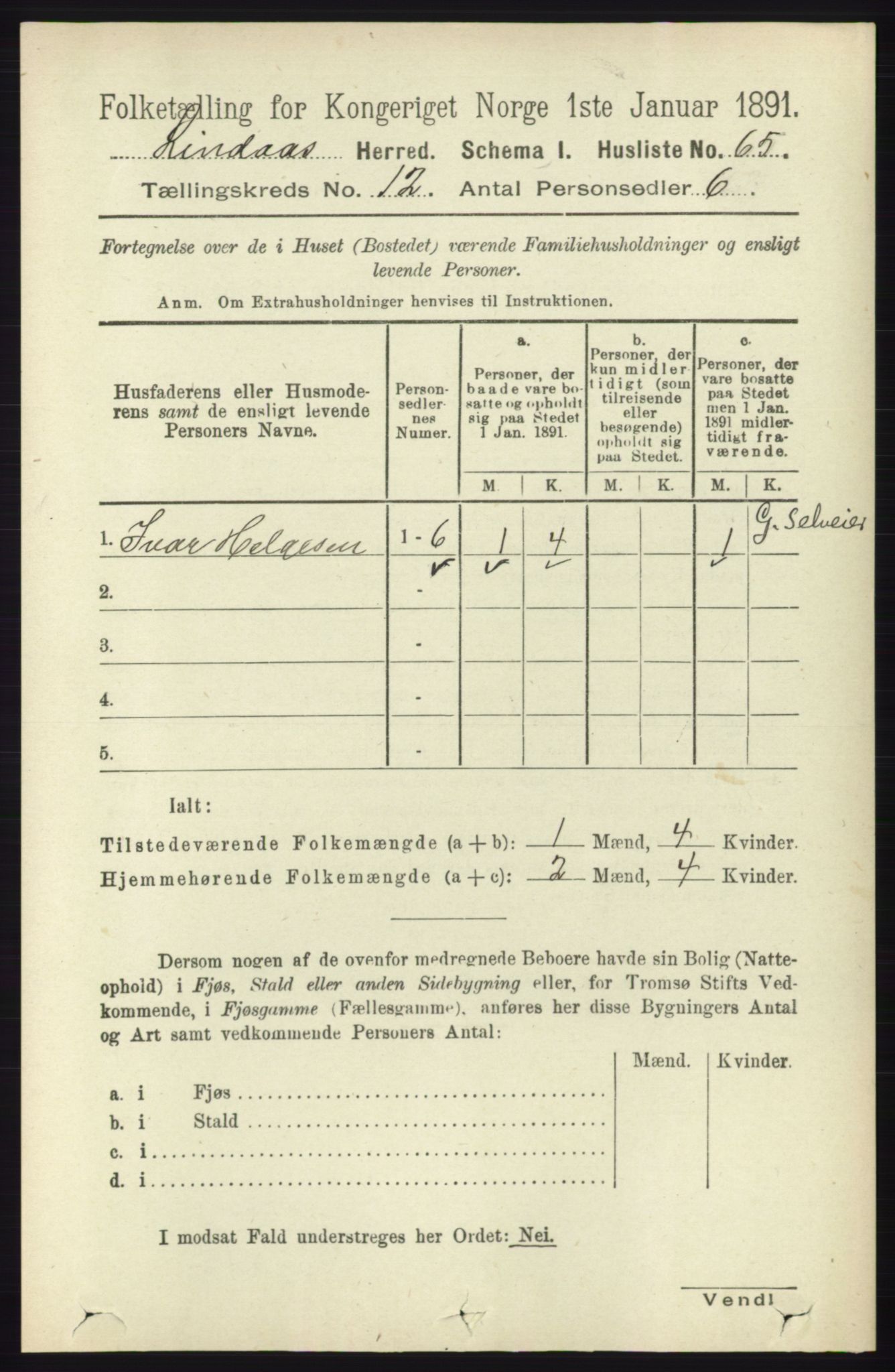 RA, 1891 census for 1263 Lindås, 1891, p. 4032