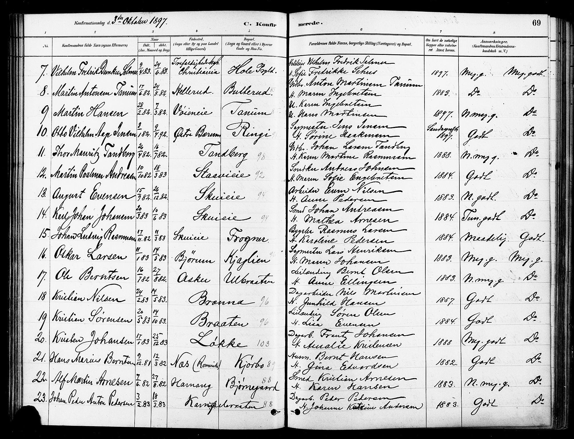 Asker prestekontor Kirkebøker, SAO/A-10256a/F/Fb/L0002: Parish register (official) no. II 2, 1879-1921, p. 69