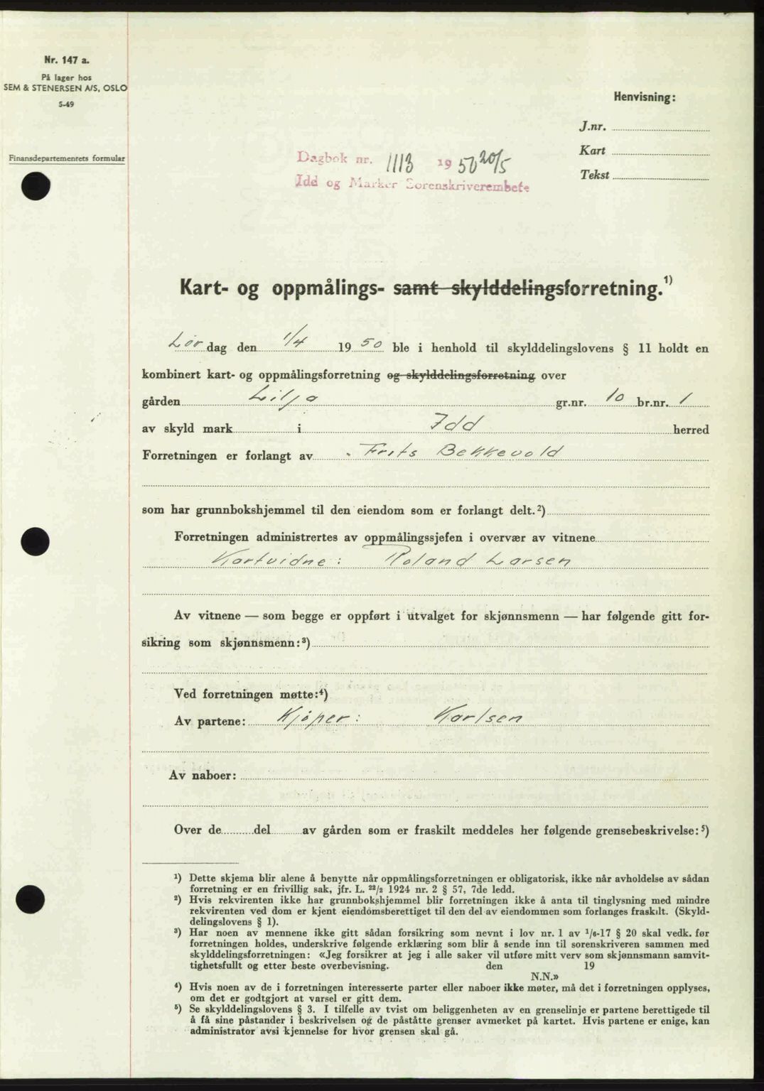 Idd og Marker sorenskriveri, AV/SAO-A-10283/G/Gb/Gbb/L0014: Mortgage book no. A14, 1950-1950, Diary no: : 1113/1950