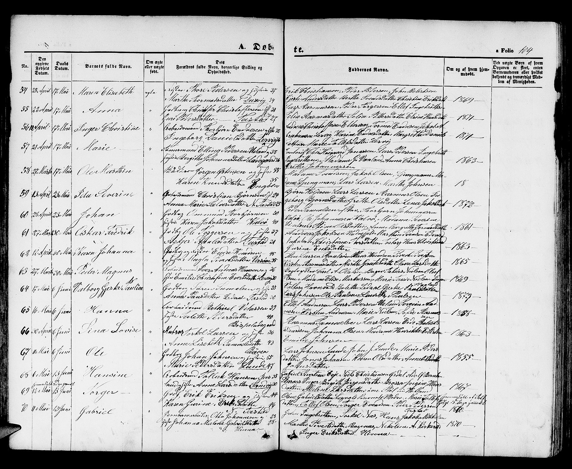 Hetland sokneprestkontor, AV/SAST-A-101826/30/30BB/L0003: Parish register (copy) no. B 3, 1863-1877, p. 104