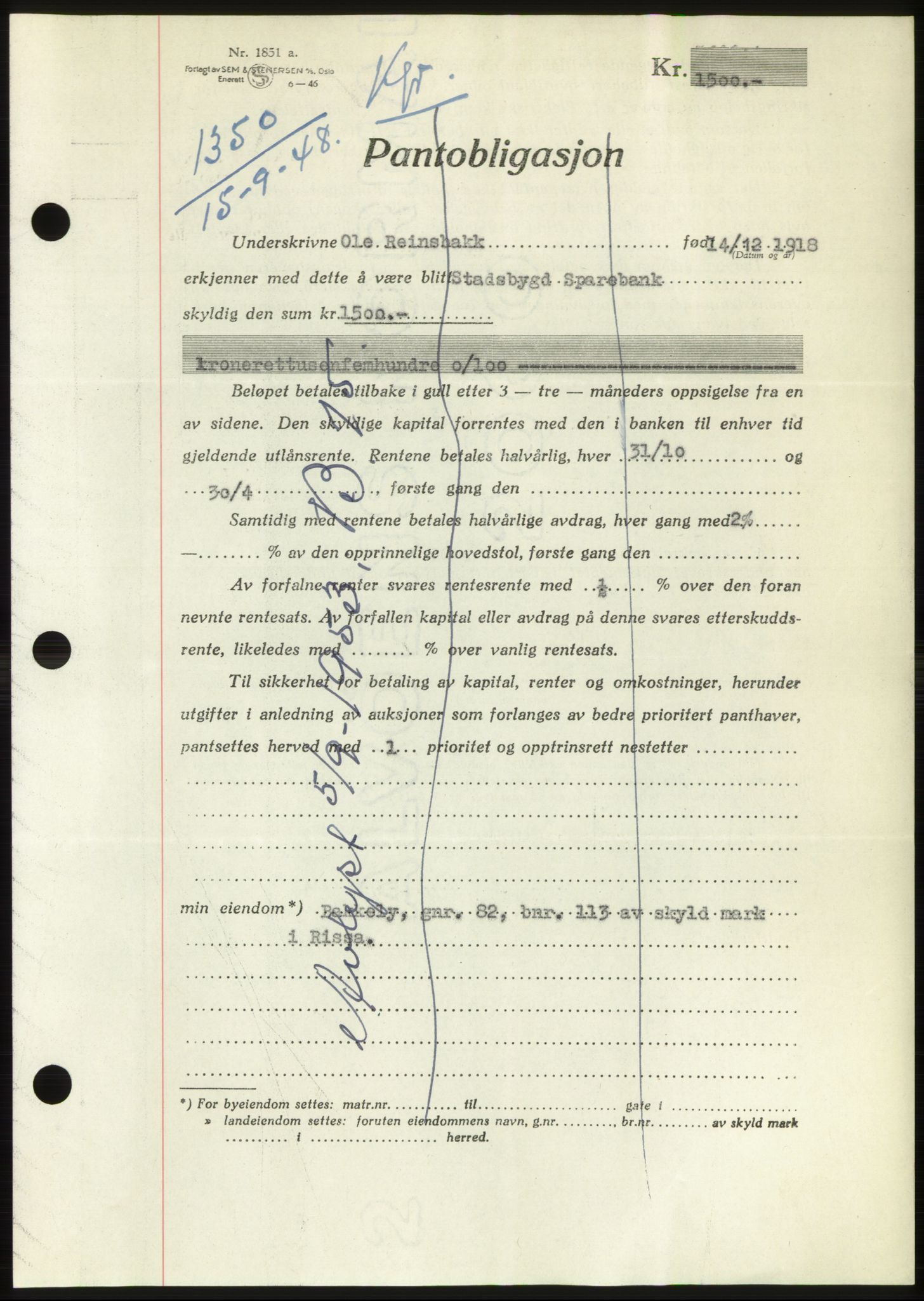 Fosen sorenskriveri, AV/SAT-A-1107/1/2/2C: Mortgage book no. B, 1948-1950, Diary no: : 1350/1948