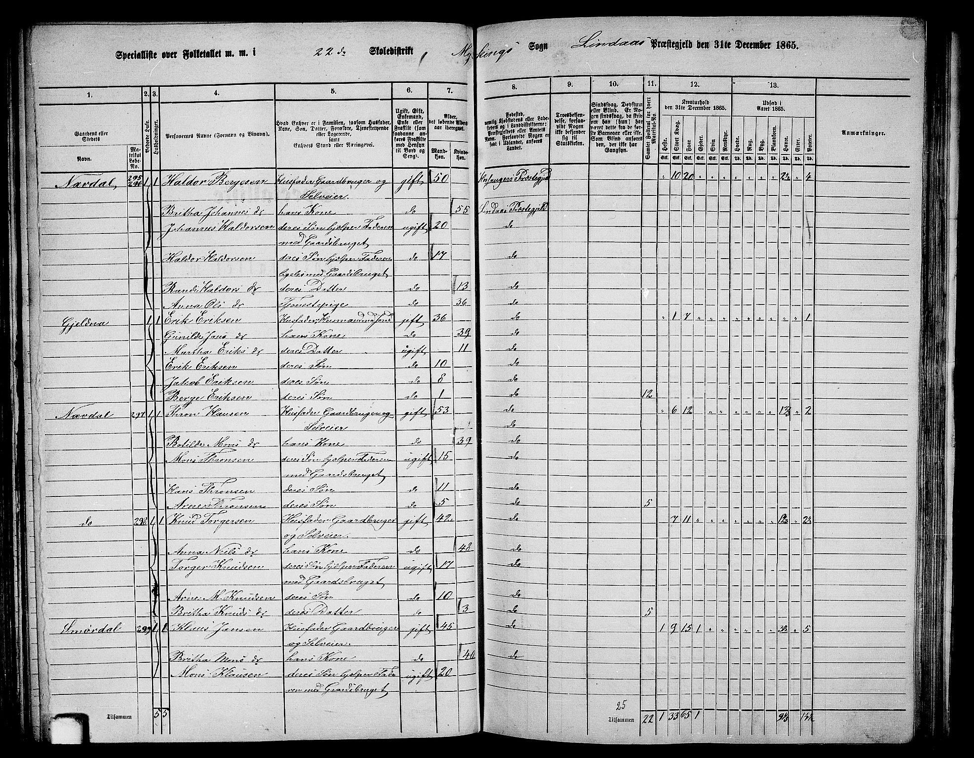 RA, 1865 census for Lindås, 1865, p. 146