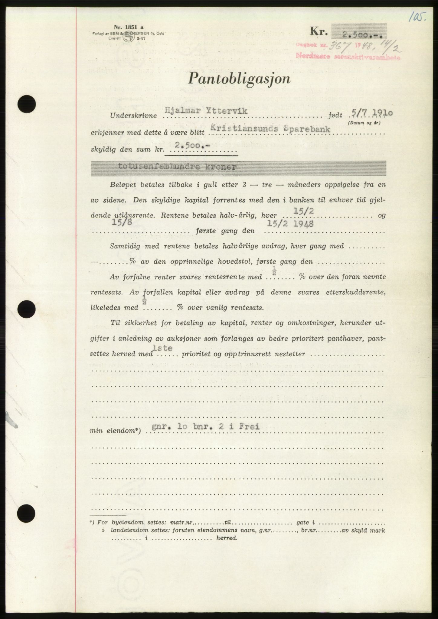 Nordmøre sorenskriveri, AV/SAT-A-4132/1/2/2Ca: Mortgage book no. B98, 1948-1948, Diary no: : 367/1948