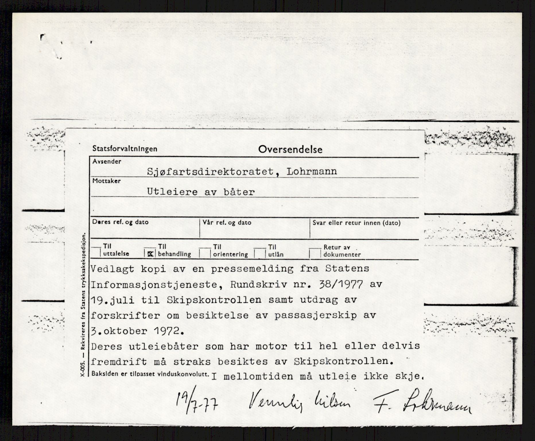 Sjøfartsdirektoratet med forløpere, generelt arkiv, AV/RA-S-1407/D/Du/Duc/L0641/0004: Skipskontrollen - Forskrifter    / Utleiebåter (2 mapper), 1977-1989, p. 83