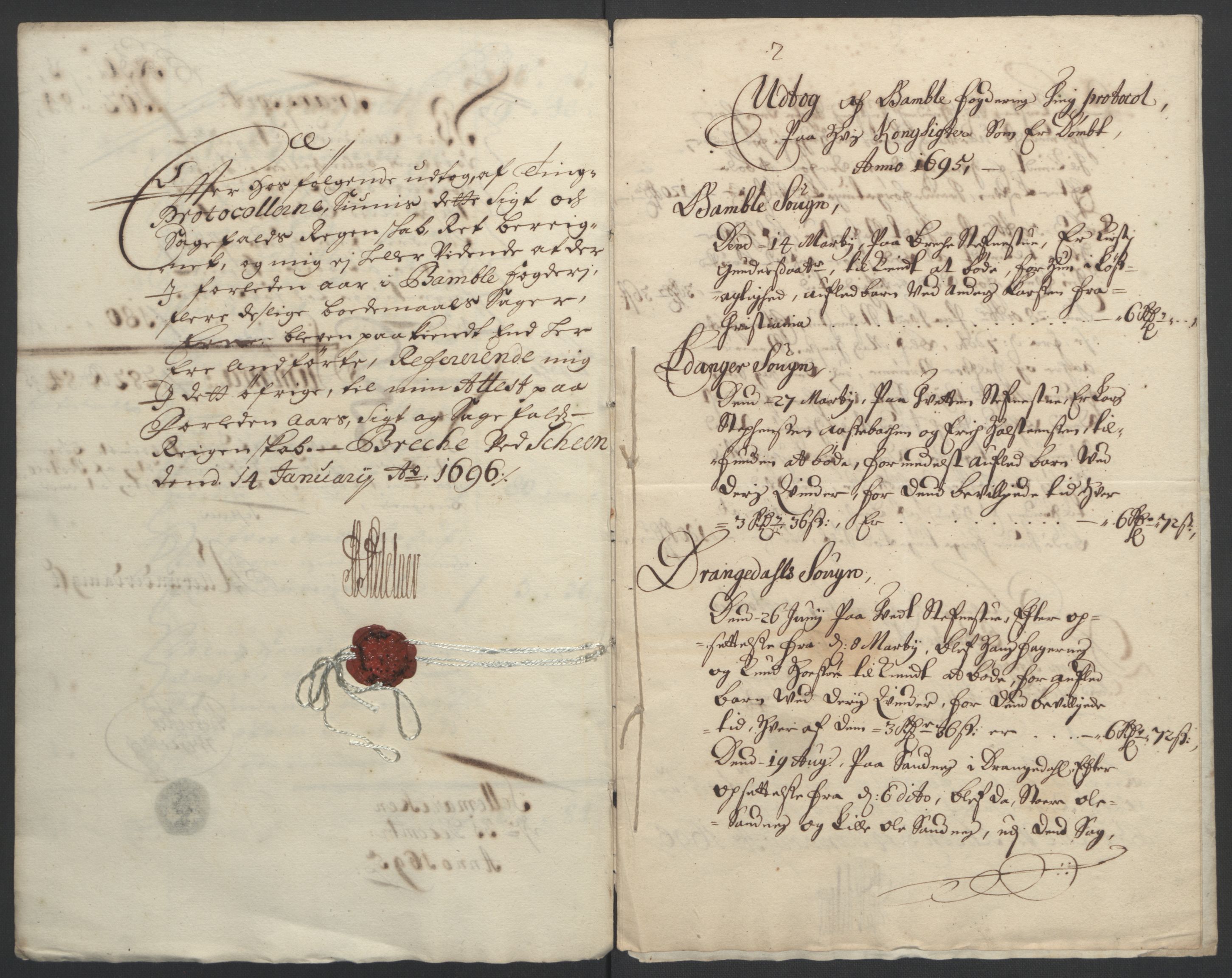 Rentekammeret inntil 1814, Reviderte regnskaper, Fogderegnskap, AV/RA-EA-4092/R36/L2093: Fogderegnskap Øvre og Nedre Telemark og Bamble, 1695, p. 350