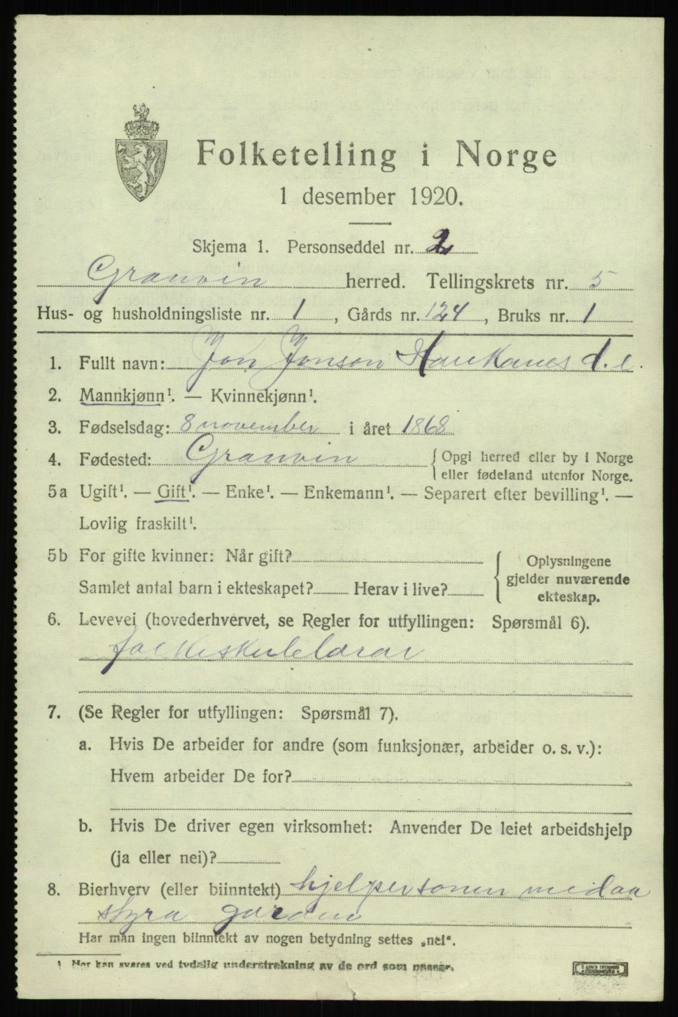 SAB, 1920 census for Granvin, 1920, p. 2358