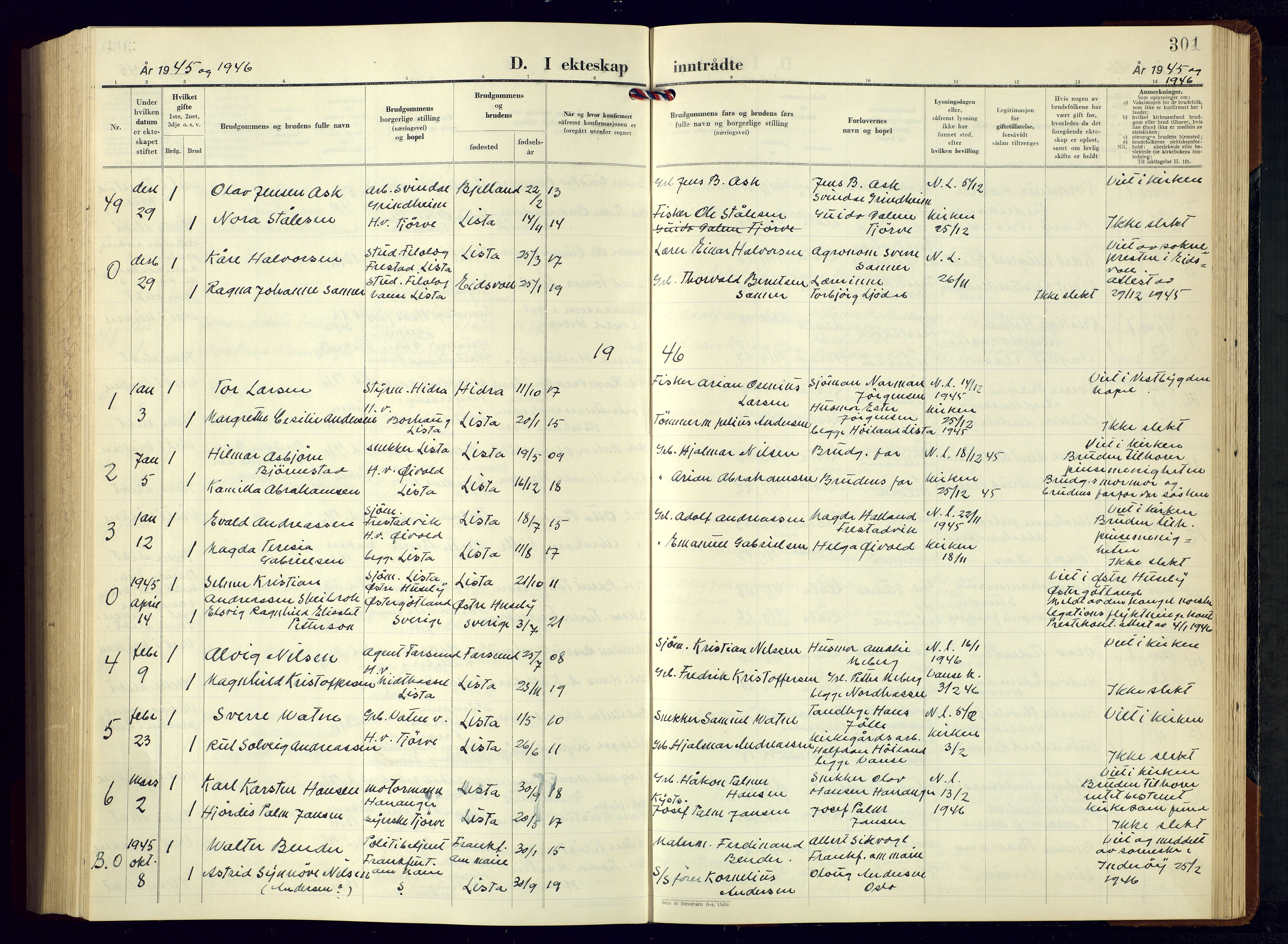Lista sokneprestkontor, SAK/1111-0027/F/Fb/L0007: Parish register (copy) no. B 7, 1943-1970, p. 301