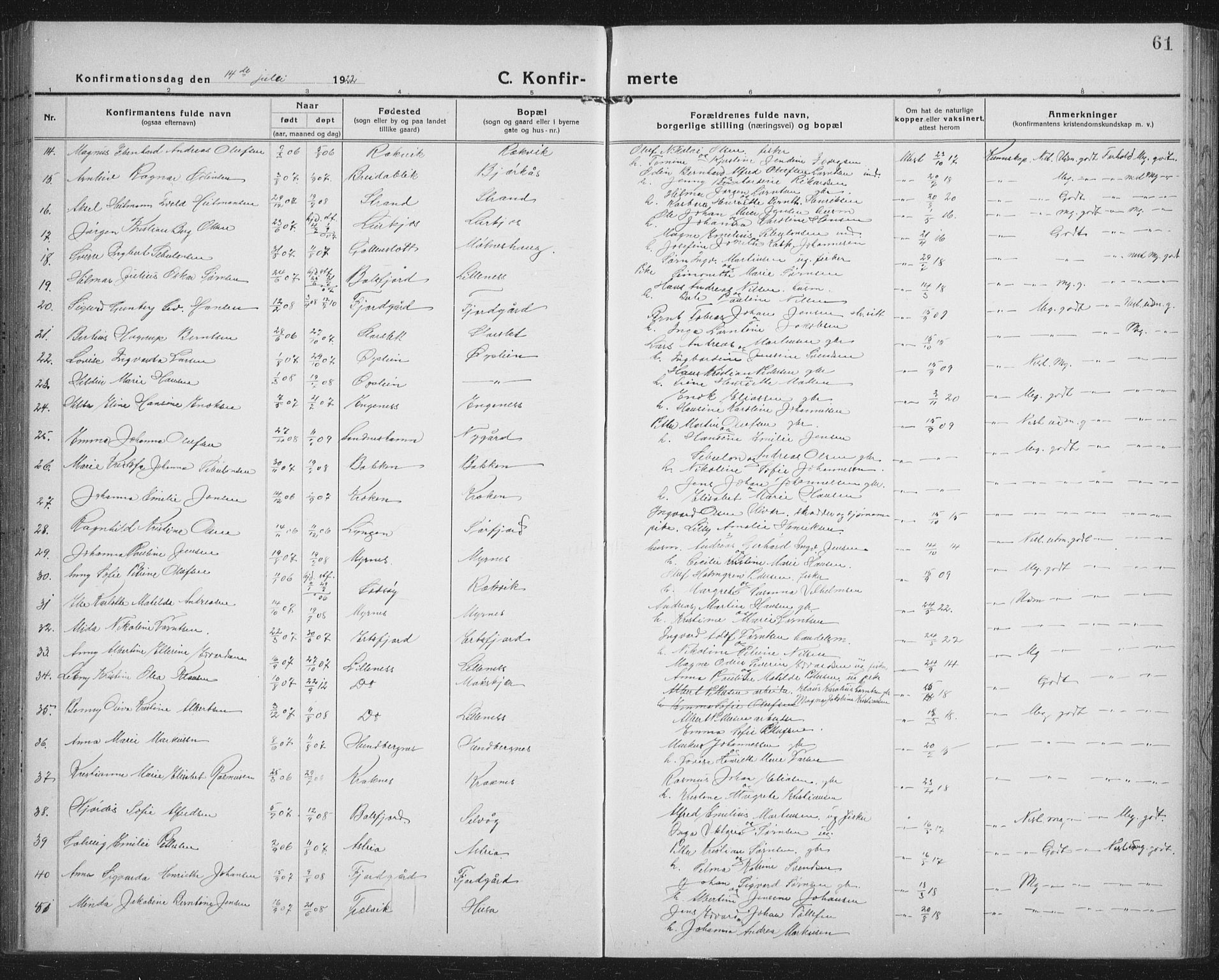 Lenvik sokneprestembete, SATØ/S-1310/H/Ha/Hab/L0023klokker: Parish register (copy) no. 23, 1918-1936, p. 61