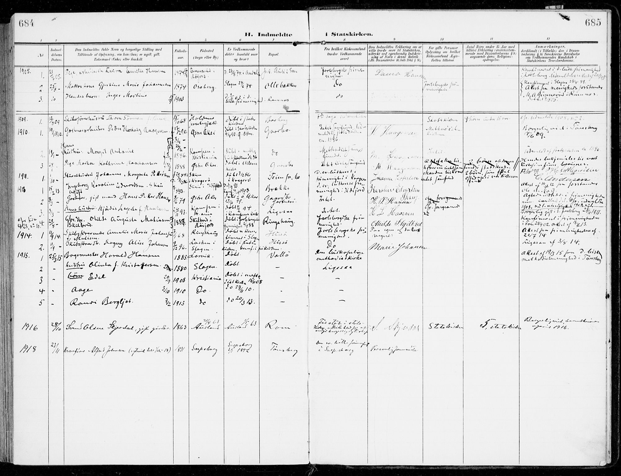 Sem kirkebøker, SAKO/A-5/F/Fb/L0006: Parish register (official) no. II 6, 1905-1918, p. 684-685