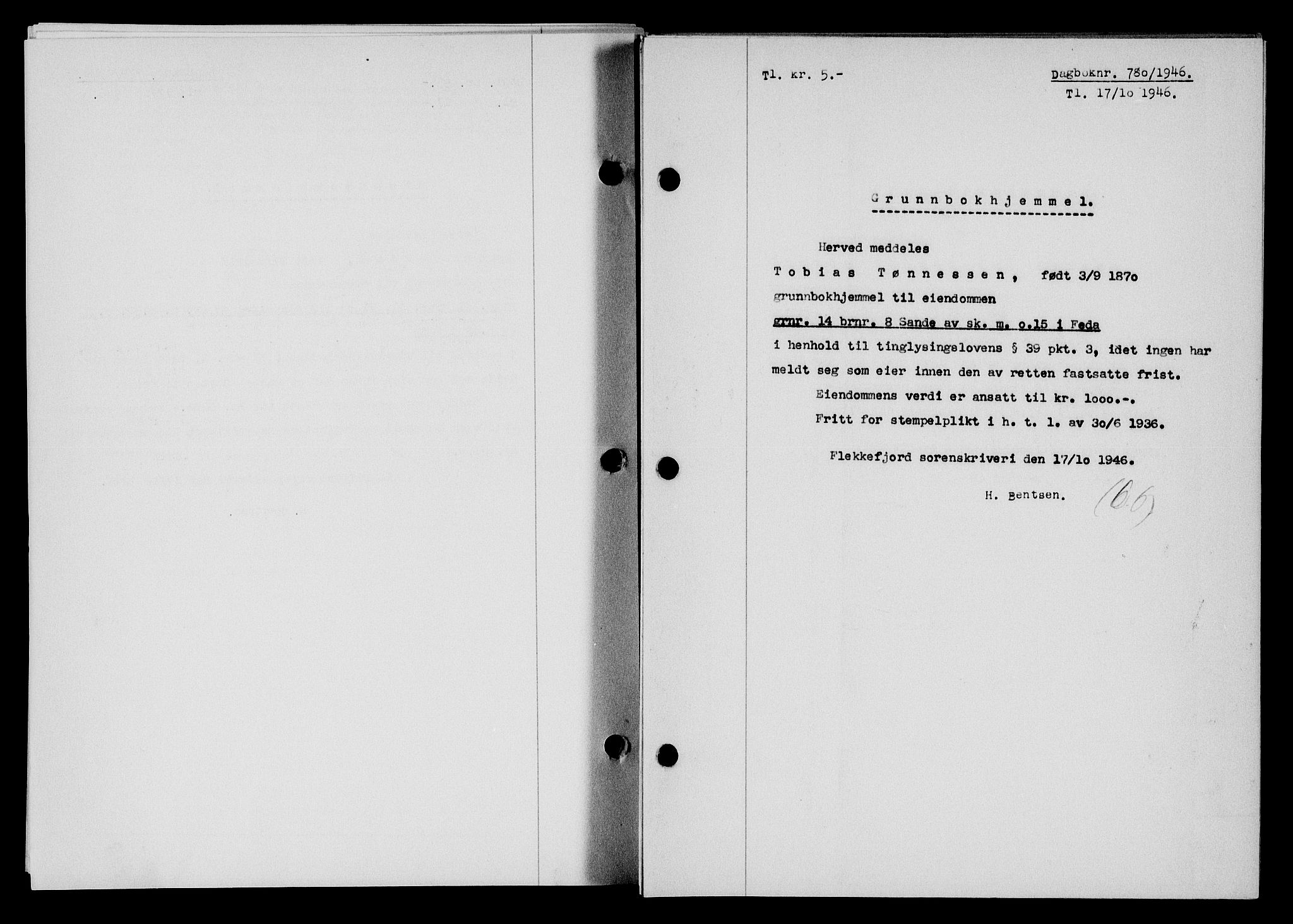 Flekkefjord sorenskriveri, SAK/1221-0001/G/Gb/Gba/L0061: Mortgage book no. A-9, 1946-1947, Diary no: : 780/1946
