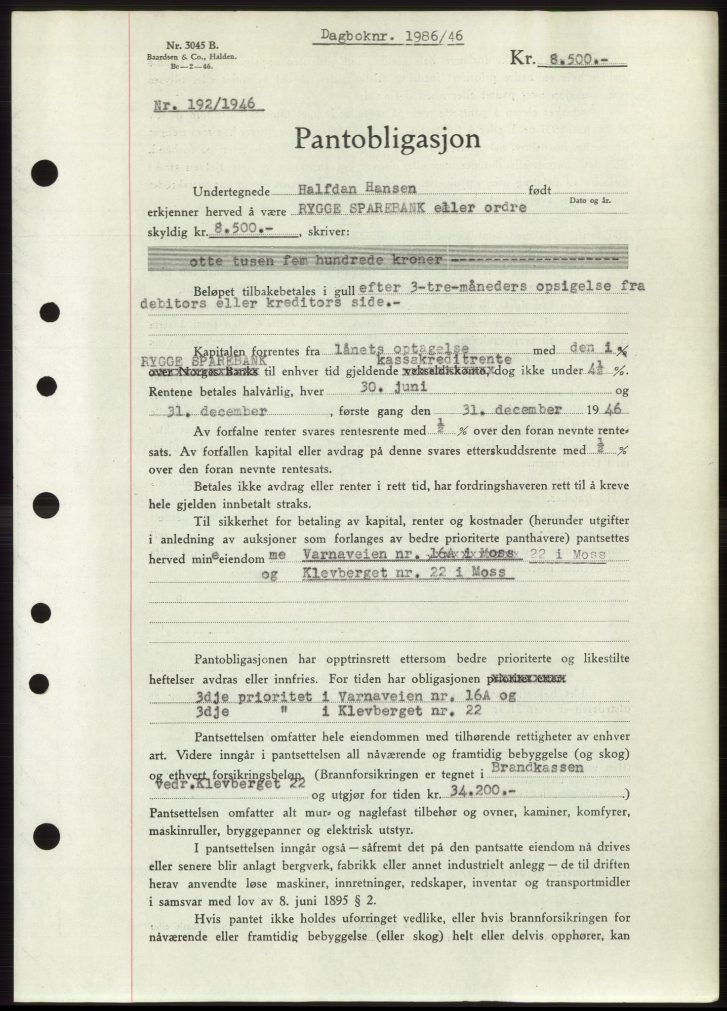 Moss sorenskriveri, AV/SAO-A-10168: Mortgage book no. B15, 1946-1946, Diary no: : 1986/1946