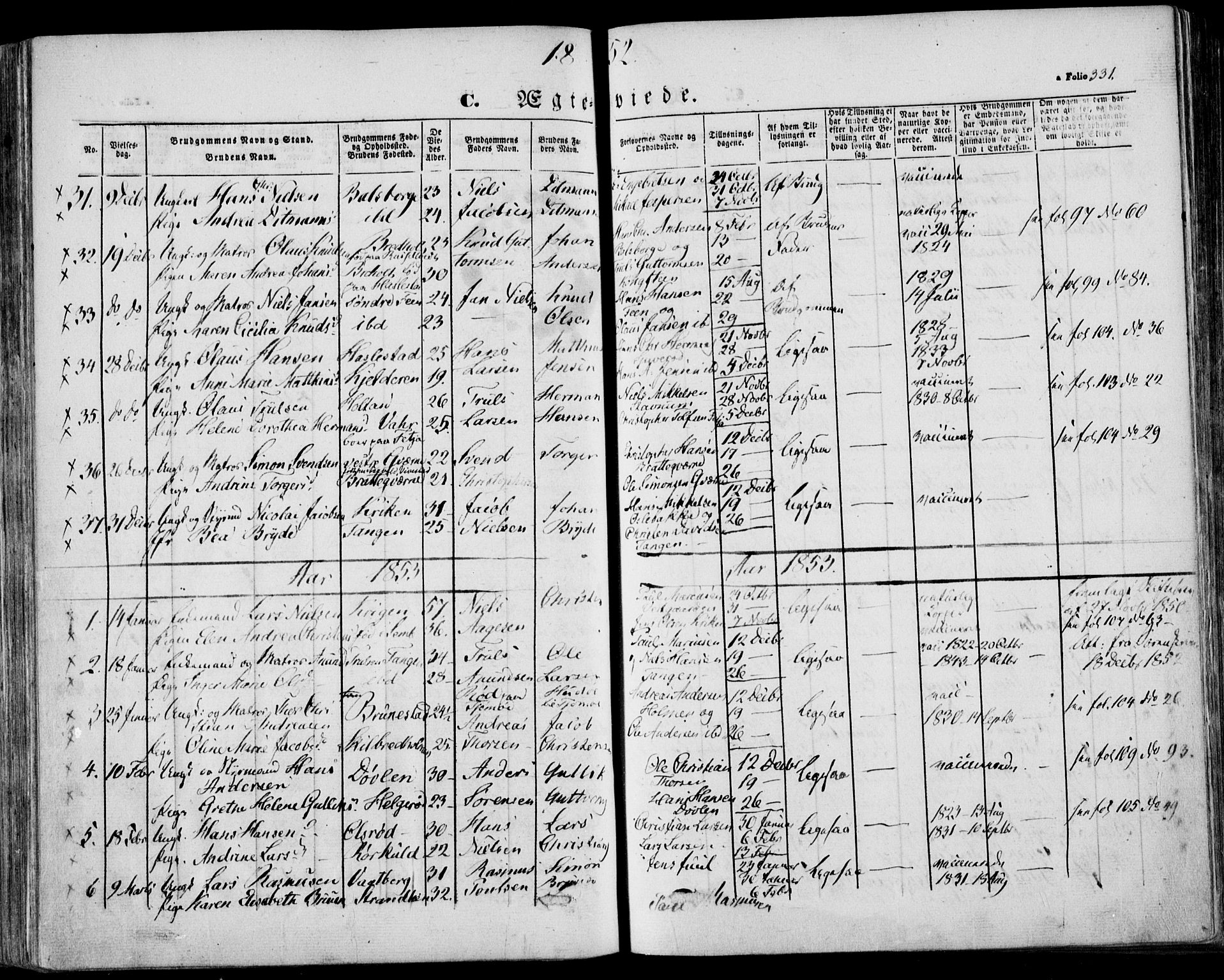 Stokke kirkebøker, AV/SAKO-A-320/F/Fa/L0007: Parish register (official) no. I 7, 1844-1857, p. 331