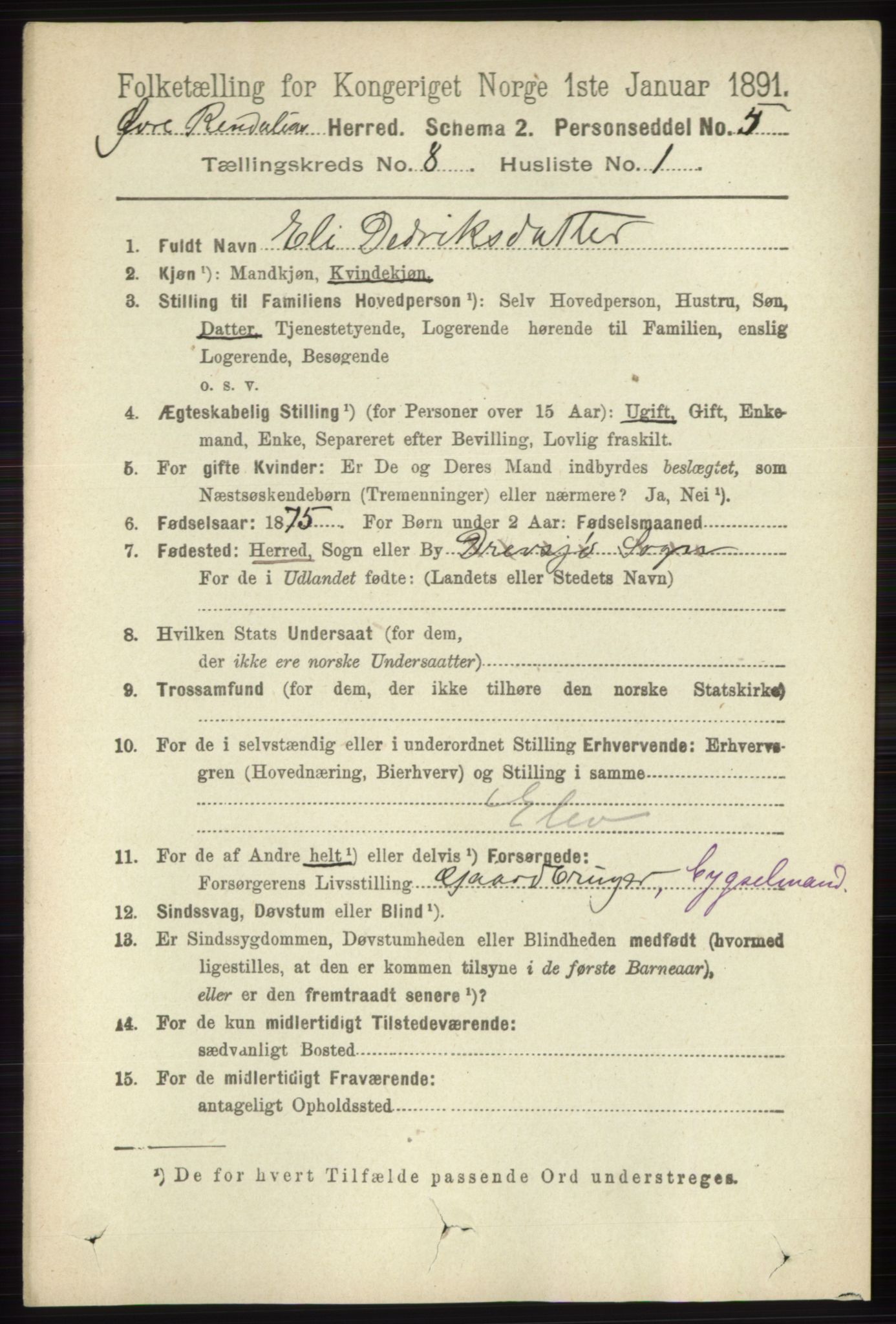 RA, 1891 census for 0433 Øvre Rendal, 1891, p. 1969