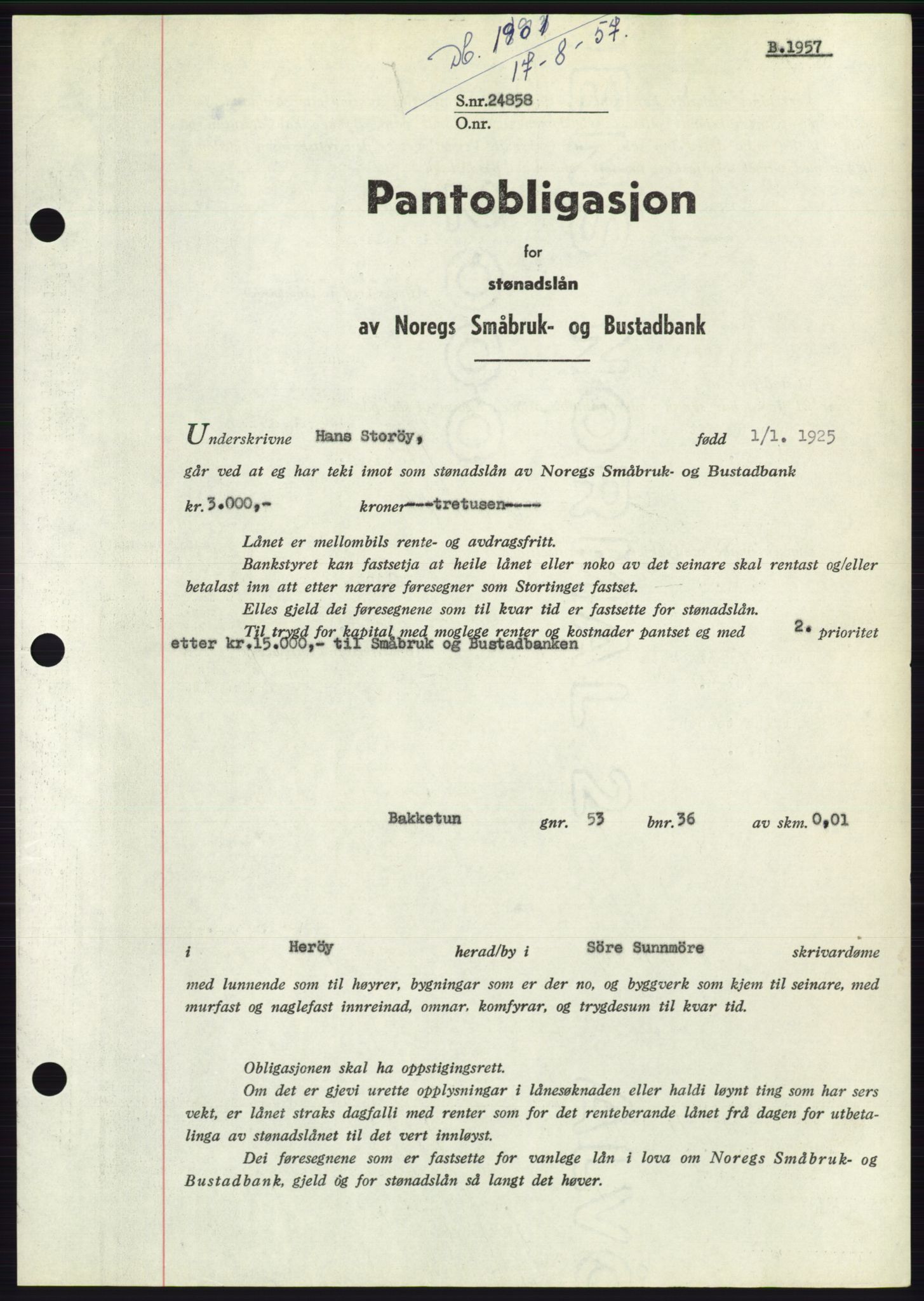 Søre Sunnmøre sorenskriveri, AV/SAT-A-4122/1/2/2C/L0130: Mortgage book no. 18B, 1957-1958, Diary no: : 1901/1957