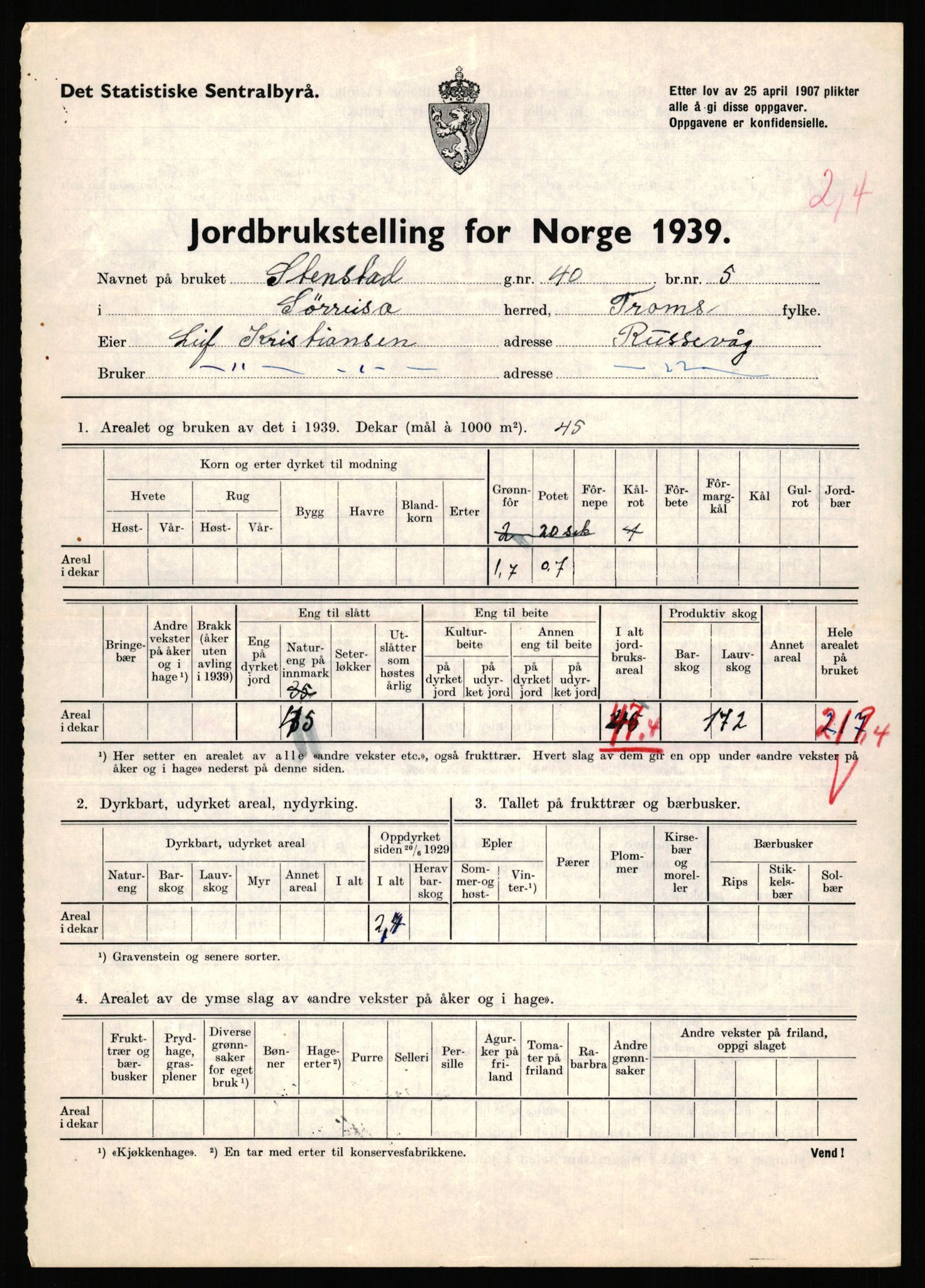 Statistisk sentralbyrå, Næringsøkonomiske emner, Jordbruk, skogbruk, jakt, fiske og fangst, AV/RA-S-2234/G/Gb/L0341: Troms: Sørreisa og Tranøy, 1939, p. 411