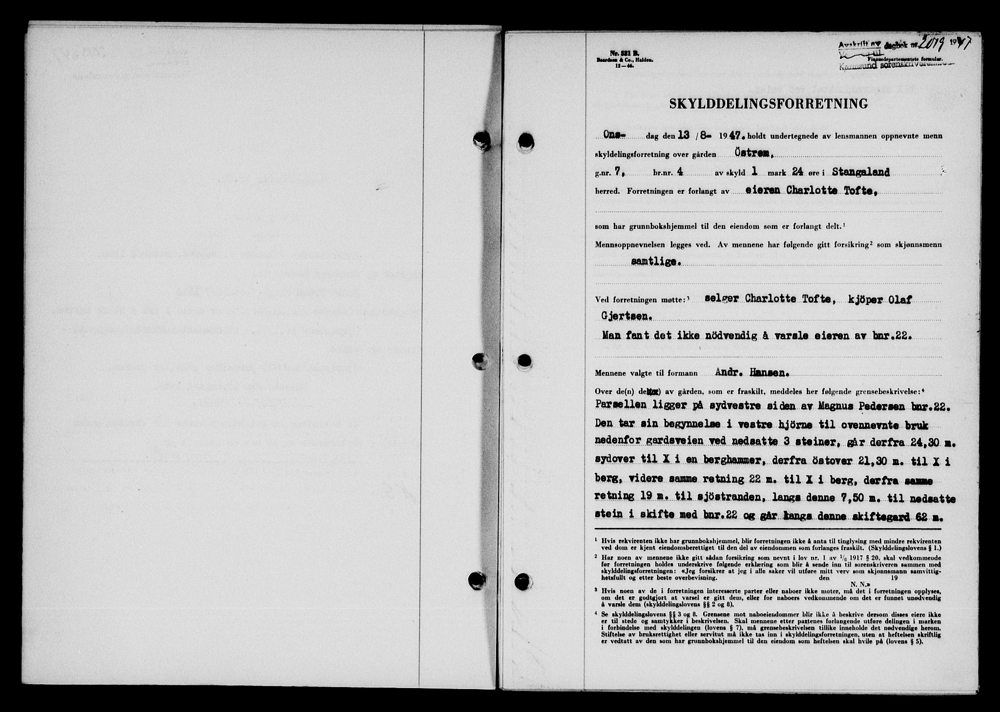 Karmsund sorenskriveri, SAST/A-100311/01/II/IIB/L0090: Mortgage book no. 70A, 1947-1947, Diary no: : 2019/1947