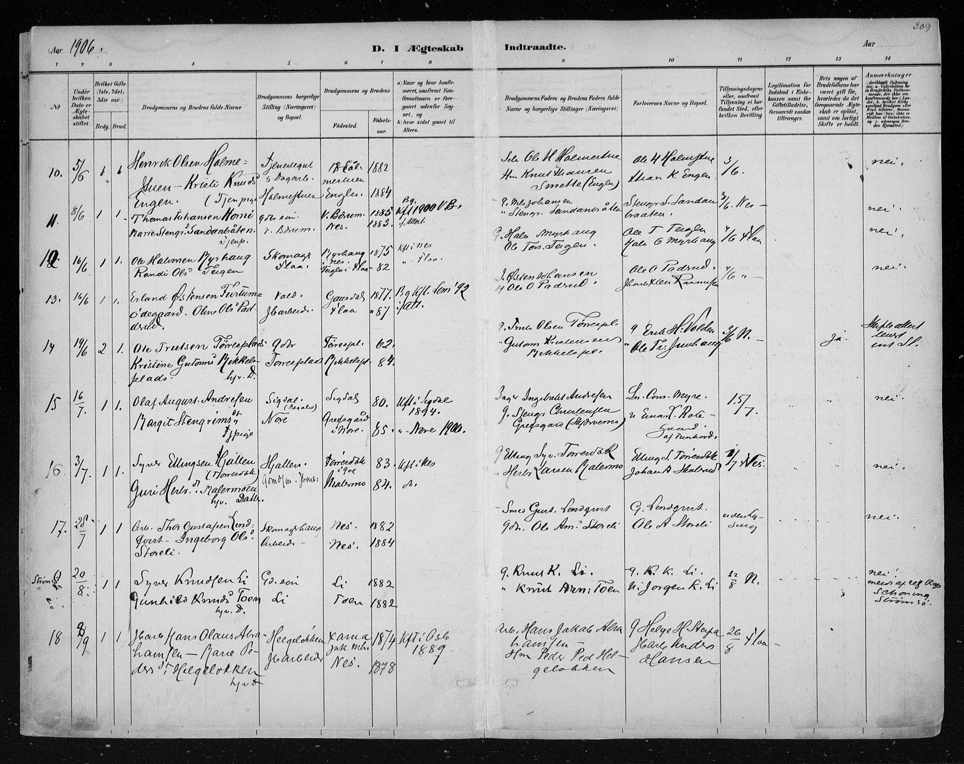 Nes kirkebøker, AV/SAKO-A-236/F/Fa/L0011: Parish register (official) no. 11, 1881-1912, p. 309