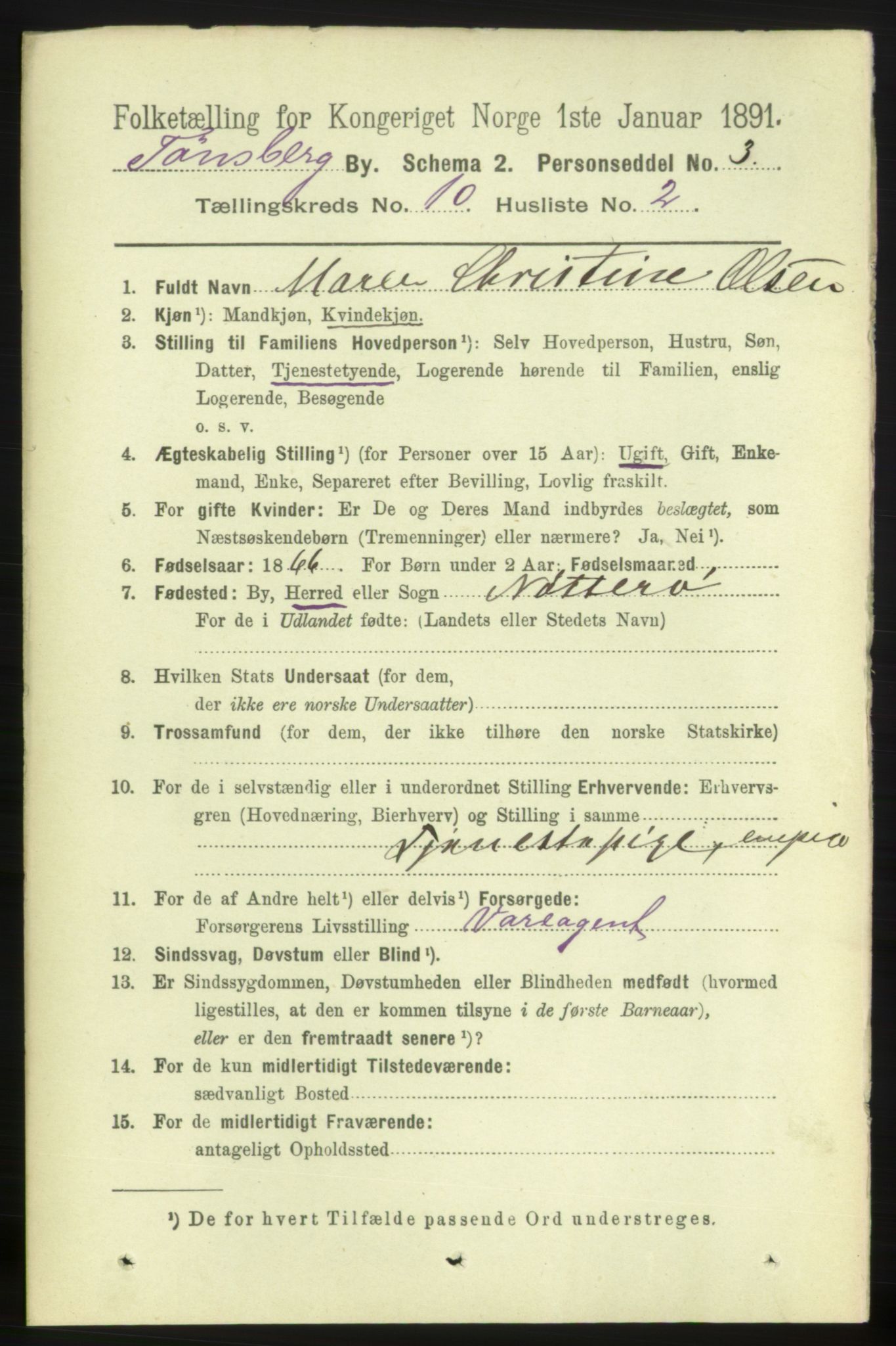 RA, 1891 census for 0705 Tønsberg, 1891, p. 3611