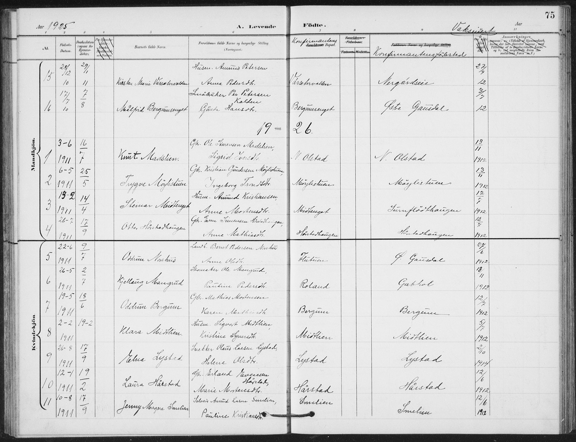 Vestre Gausdal prestekontor, AV/SAH-PREST-094/H/Ha/Hab/L0004: Parish register (copy) no. 4, 1898-1939, p. 75