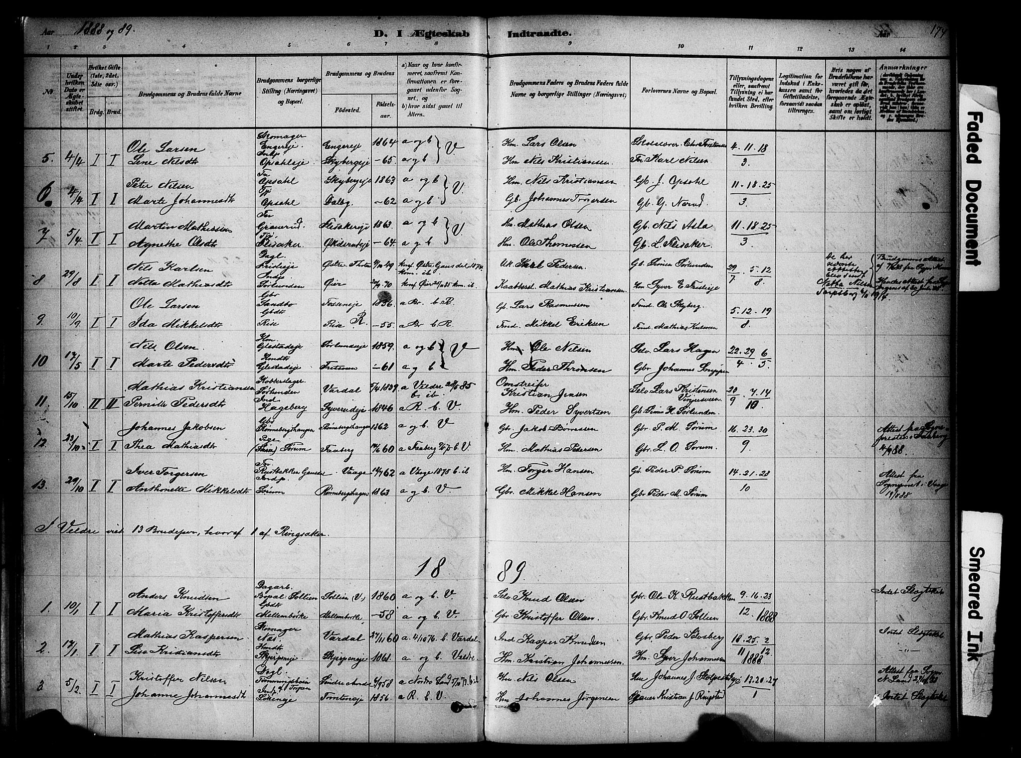 Ringsaker prestekontor, AV/SAH-PREST-014/K/Ka/L0014: Parish register (official) no. 14, 1879-1890, p. 174