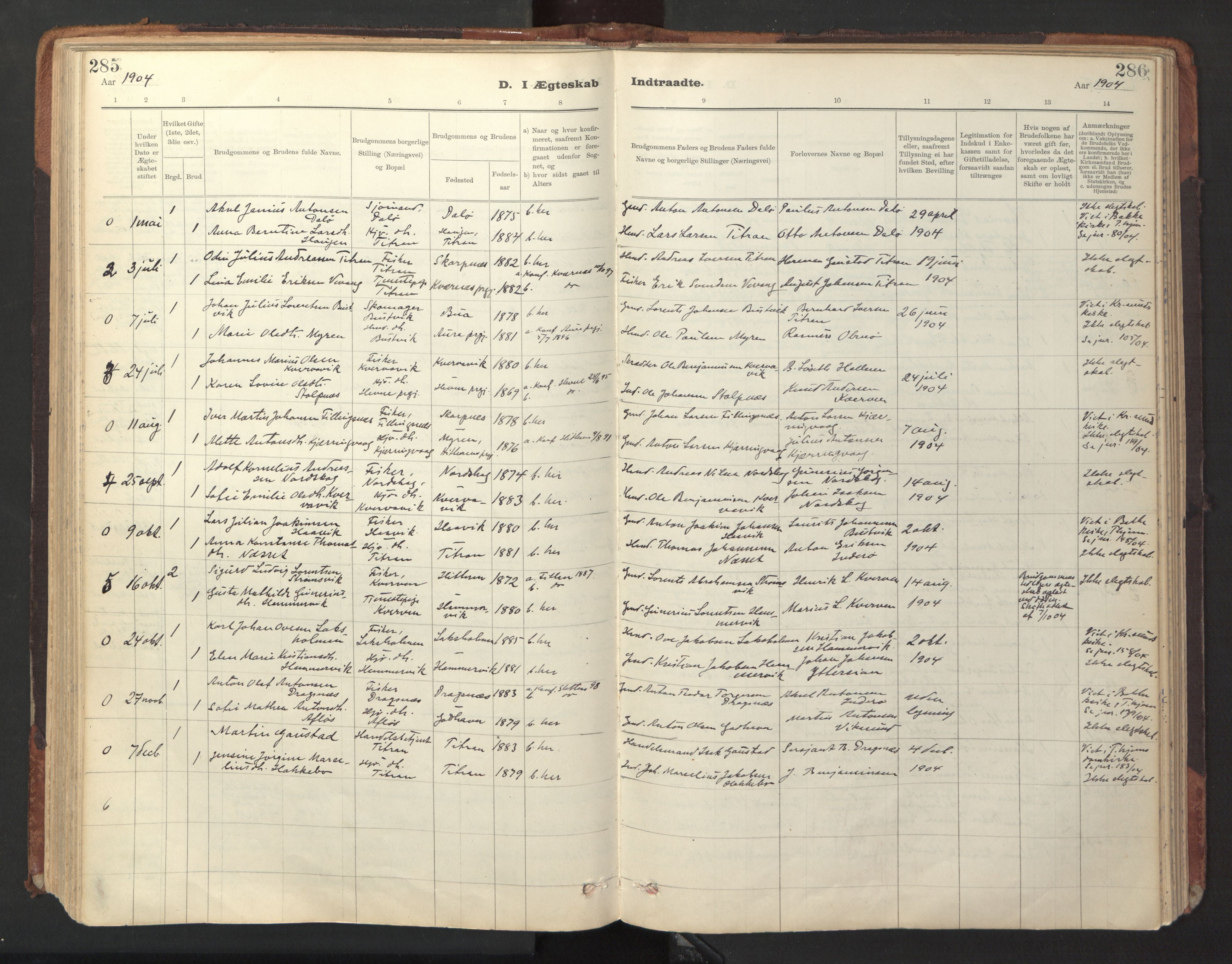 Ministerialprotokoller, klokkerbøker og fødselsregistre - Sør-Trøndelag, SAT/A-1456/641/L0596: Parish register (official) no. 641A02, 1898-1915, p. 285-286