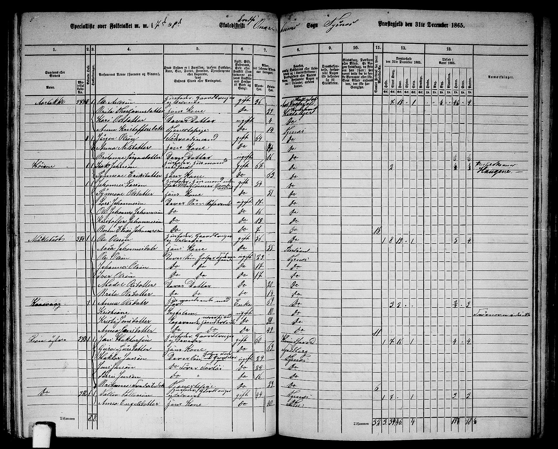 RA, 1865 census for Tysnes, 1865, p. 142