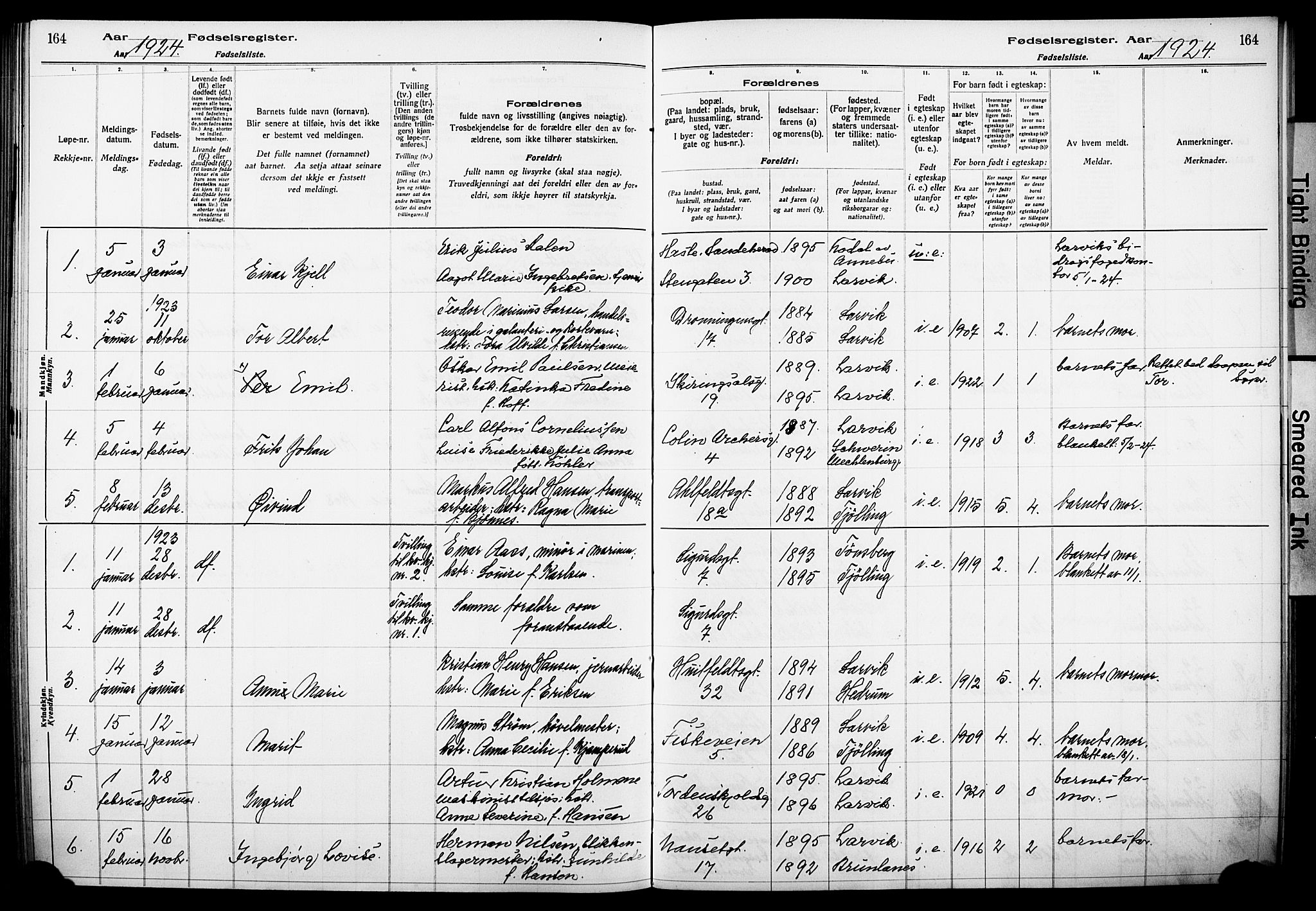 Larvik kirkebøker, AV/SAKO-A-352/J/Ja/L0001: Birth register no. I 1, 1916-1926, p. 164